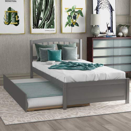 **Gray Platform Twin Bed Frame with Trundle & Headboard - Underbed Storage Wooden Bed - Perfect for Kids' Rooms, Guest Beds & Small Spaces**