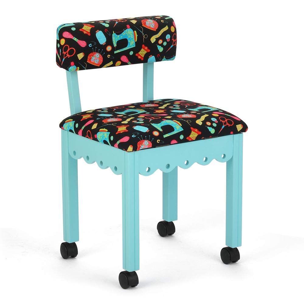 Arrow 7019B Wooden Sewing & Craft Chair with Gingerbread Design, Under-Seat Storage - Riley Blake Print Upholstery Fabric in Blue & Black Notions | Perfect for Quilting, Knitting & DIY Craft Projects