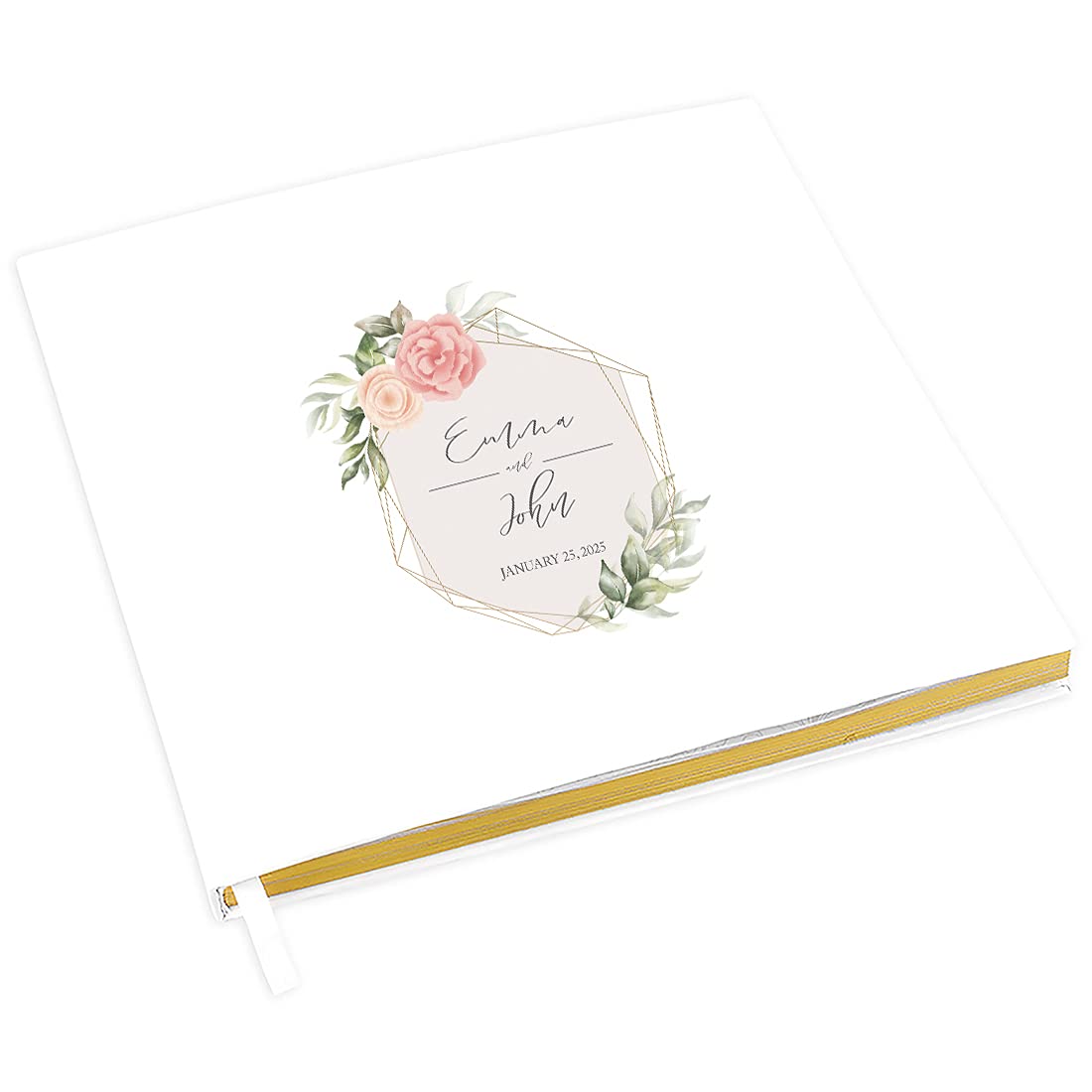 Personalized Wedding Guest Book with Gold Foil Accents - Floral Pink & Coral Geometric Design - 8.5