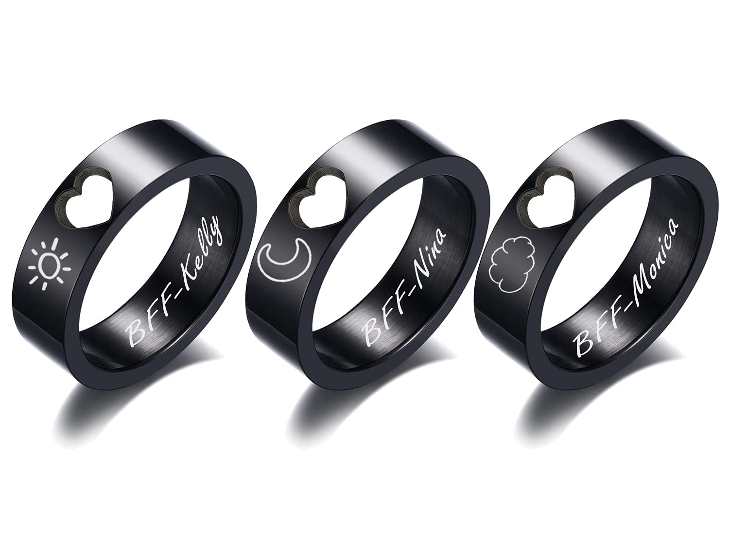 Best Friend Rings Set of 3 - Moon Sun Star Cloud Stainless Steel Stackable Knuckle Rings for Sisters (Big/Middle/Little) - Heart Cutout Design, Bridesmaid Gift - Perfect for Matching Jewelry, Sisterhood Gifts & BFF Accessories