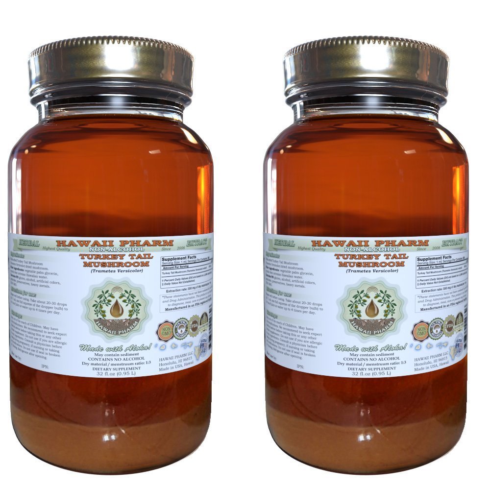 Turkey Tail Mushroom Alcohol-Free Liquid Extract | Trametes Versicolor Glycerite | Natural Herbal Supplement | USA Made by Hawaii Pharm | 2x32 fl.oz | Immune Support & Wellness Boost for Daily Health