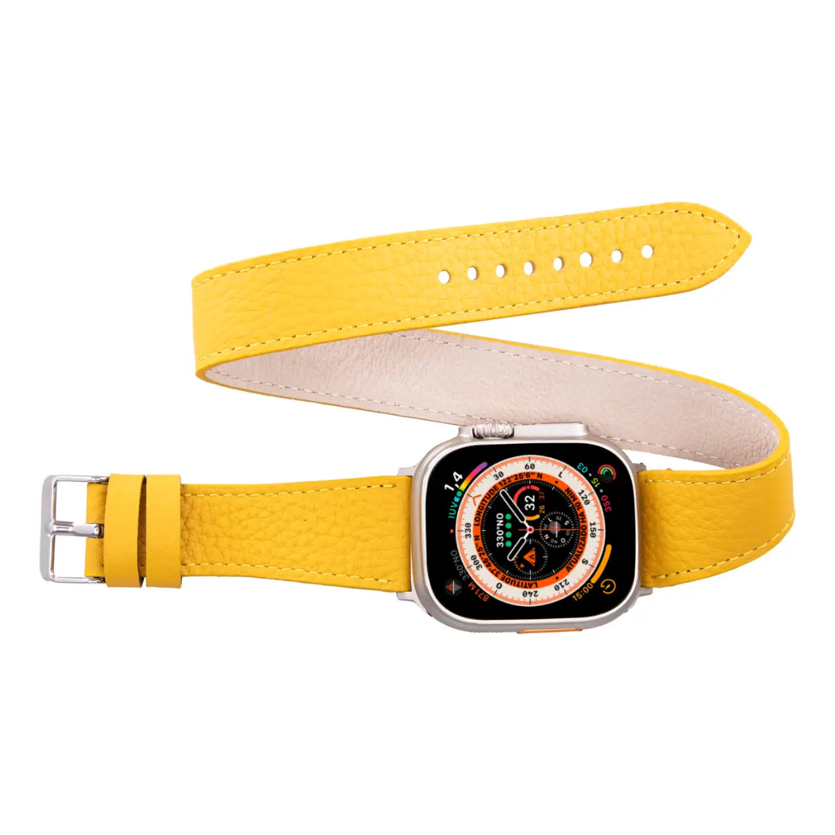 Premium Yellow Leather Double Tour Strap for Apple Watch - Stylish & Durable Replacement Band for Work, Fitness & Everyday Wear