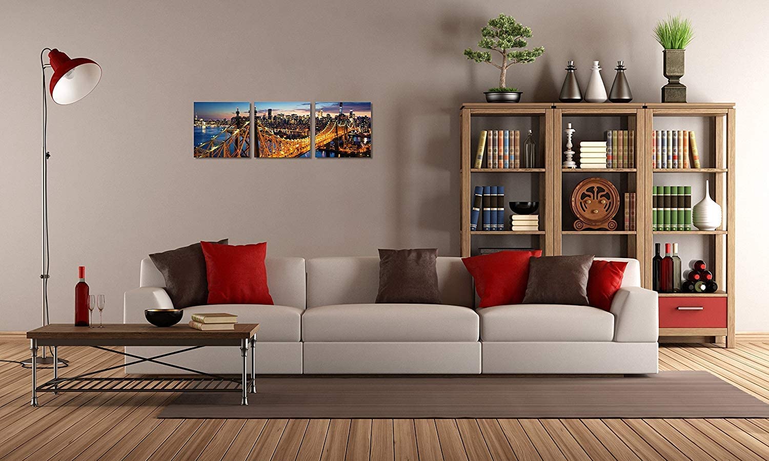TutuBeer 3-Panel New York Skyline Wall Art - NYC Canvas Painting with Manhattan Sunset & Bridge Night View - Stretched & Framed Cityscape Decor for Living Room, Bedroom, or Office