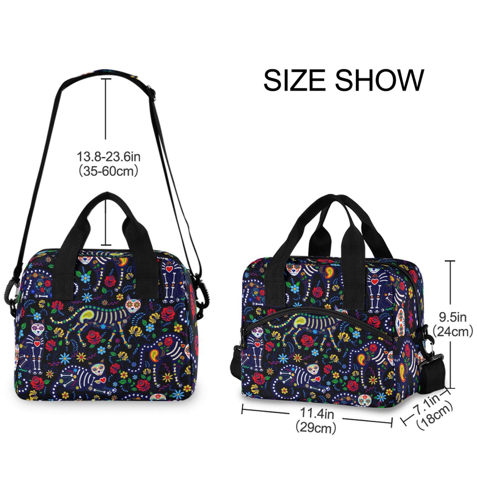 **Insulated Reusable Lunch Bag with Adjustable Shoulder Strap - Leakproof Cooler Tote for Work, School, Picnic & Camping - Cats & Sugar Skull Design for Men & Women**    *(Perfect for Office Meals, Outdoor Adventures, and Daily Commute - Keep Food Fresh & Stylish!)*
