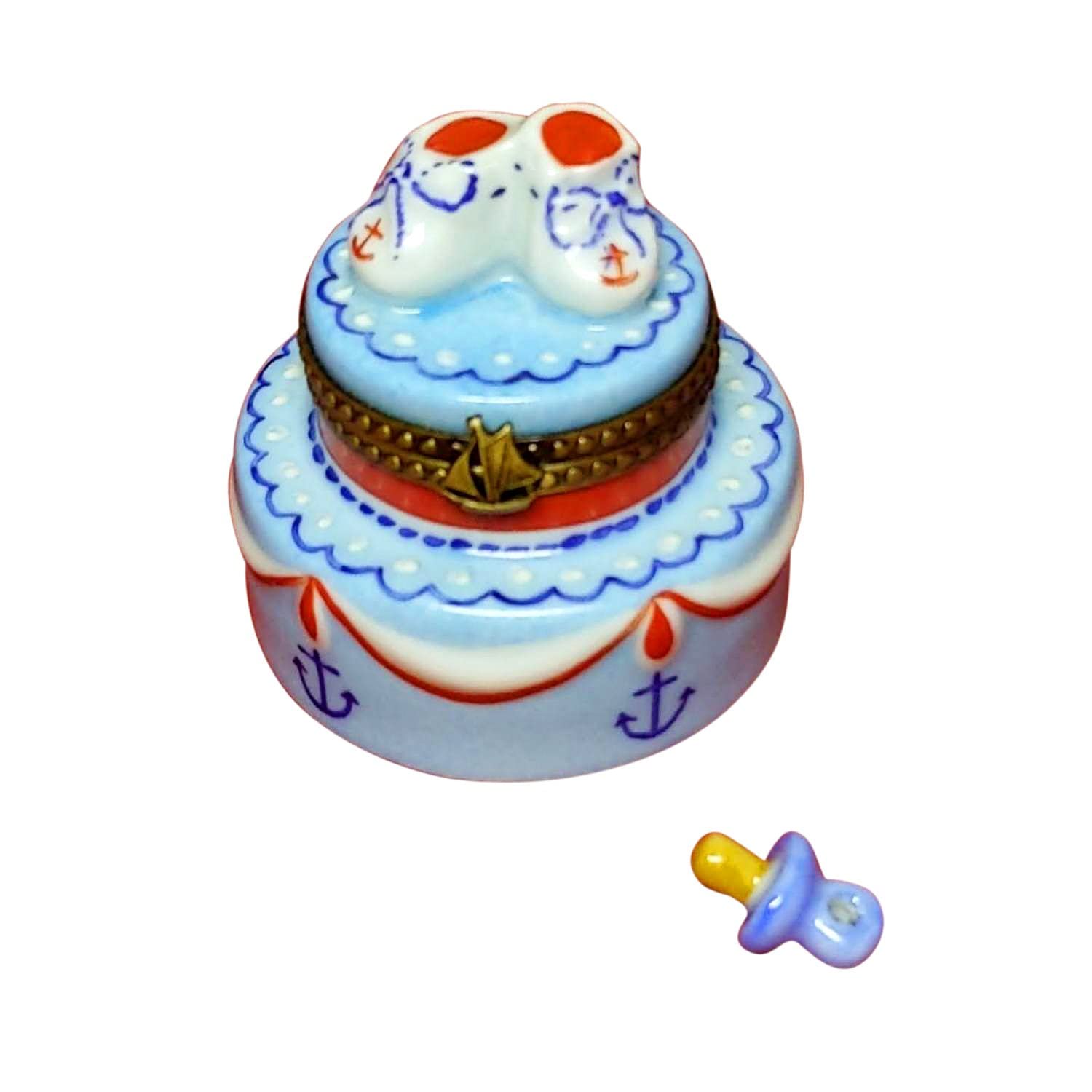 Hand-Painted Limoges Porcelain Trinket Box - Nautical Baby Shower Cake Design with Booties | Perfect for Baby Showers, Christening Gifts & Nursery Decor