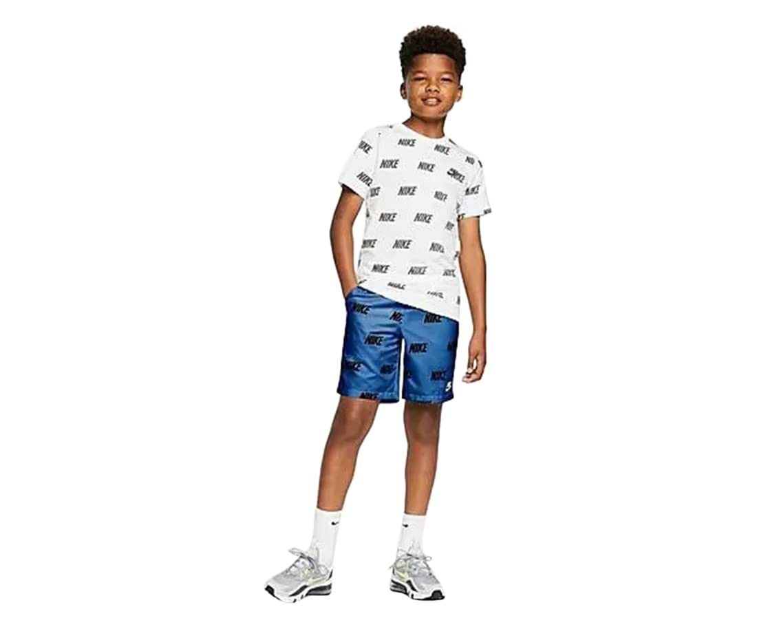 Nike Boys' Active Shorts - Allover Corporate Print Woven Athletic Shorts Size S (Blue/Black-Blue) | Comfortable Gym & Playwear for Kids Sports & Outdoor Activities