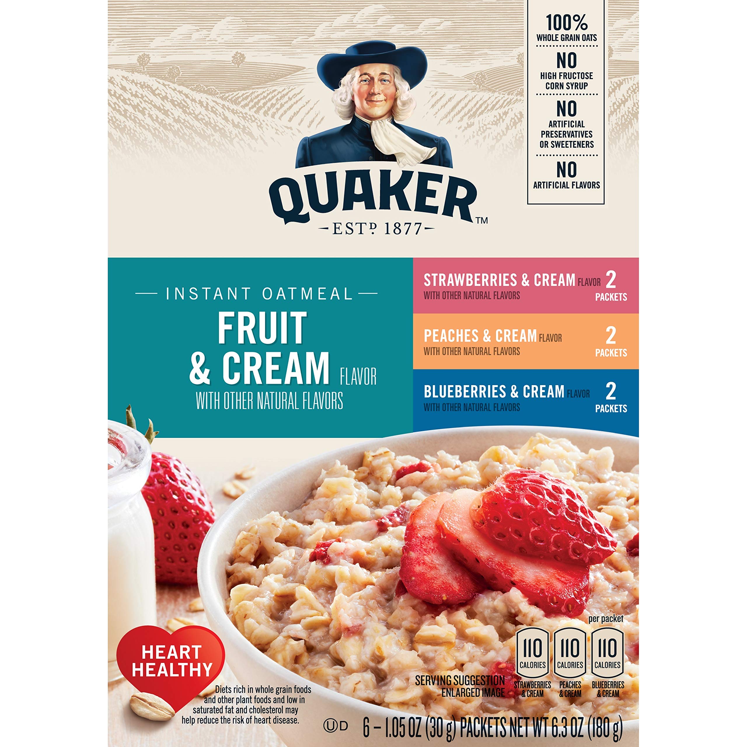 Quaker Instant Oatmeal Fruit & Cream Variety Pack - 8 Single Serve Packets per Box (Pack of 12) - 1.23oz Quick Breakfast Cereal for Kids & Adults - Perfect for School, Office & On-the-Go Meals
