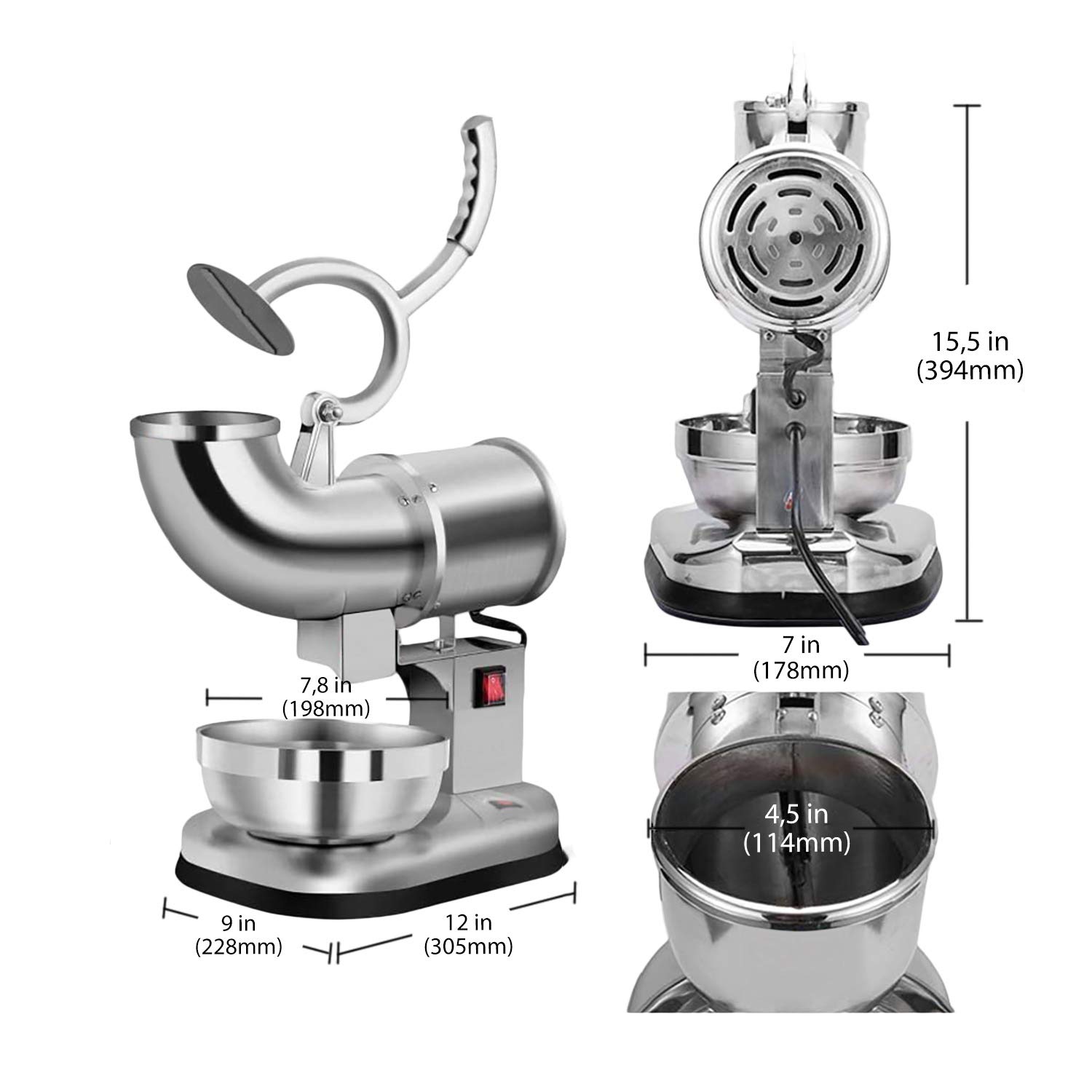 ALDKitchen Electric Ice Shaving Machine - 440 lbs/h Stainless Steel Ice Crusher for Snow Cones, Frozen Drinks & Cocktails - Perfect for Home Bars, Parties & Commercial Use (110V)