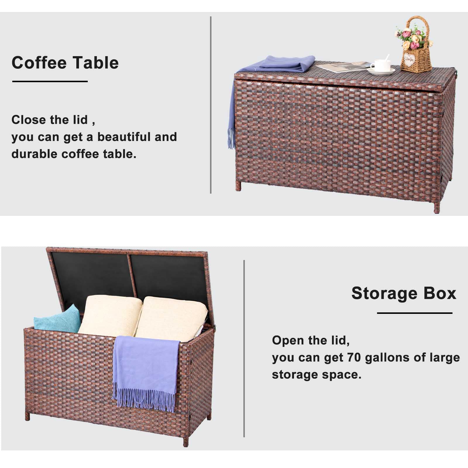 DIMAR GARDEN 70 Gallon Outdoor Storage Deck Box with Waterproof Cover - Patio Wicker Storage Container for Cushions, Toys & Garden Tools - Brown (Perfect for Backyard, Deck & Poolside Organization)
