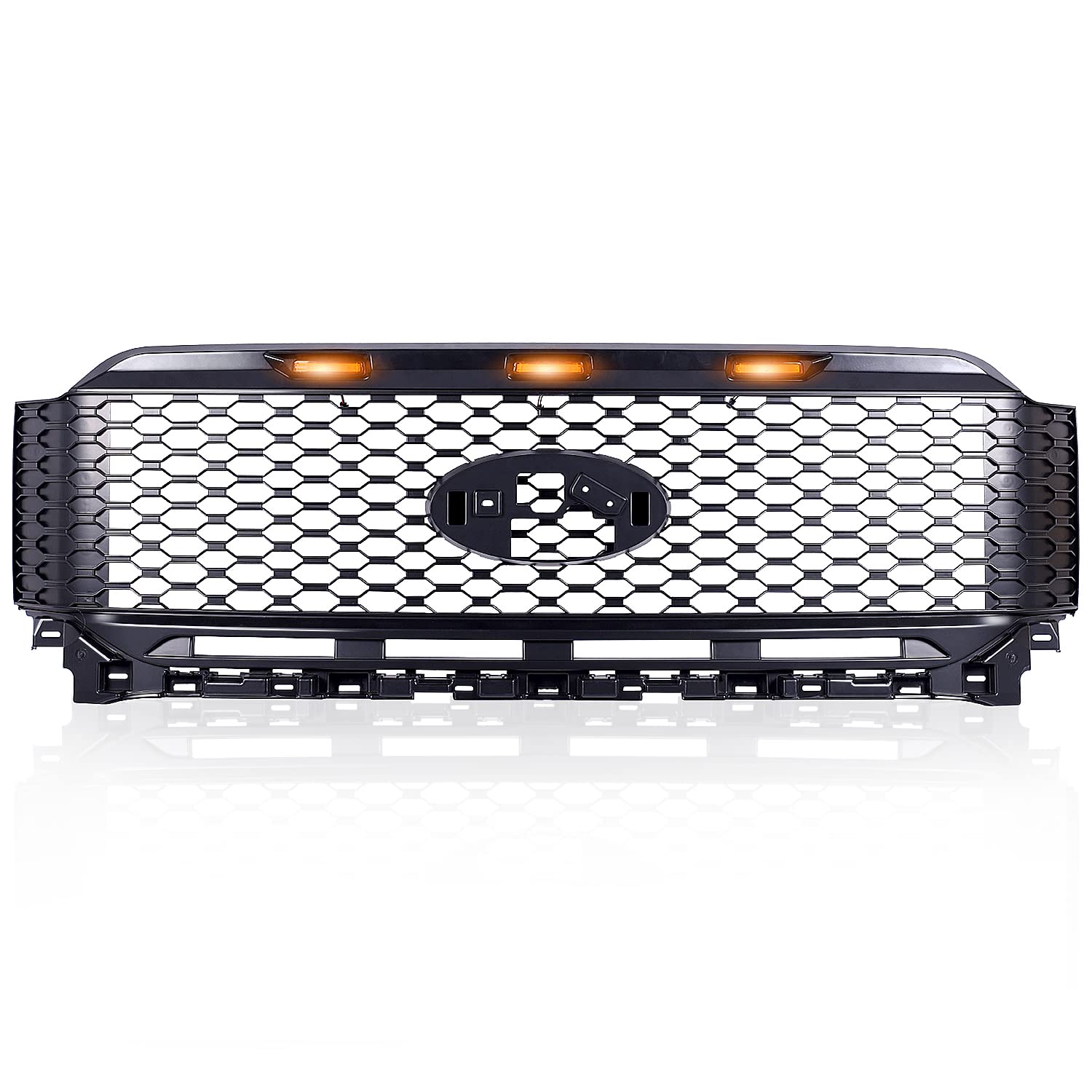 Matte Black Mesh Front Grill Replacement with 3 Amber LED Lights for Ford F-150 2021-2022 | Off-Road & Street Style Upgrade