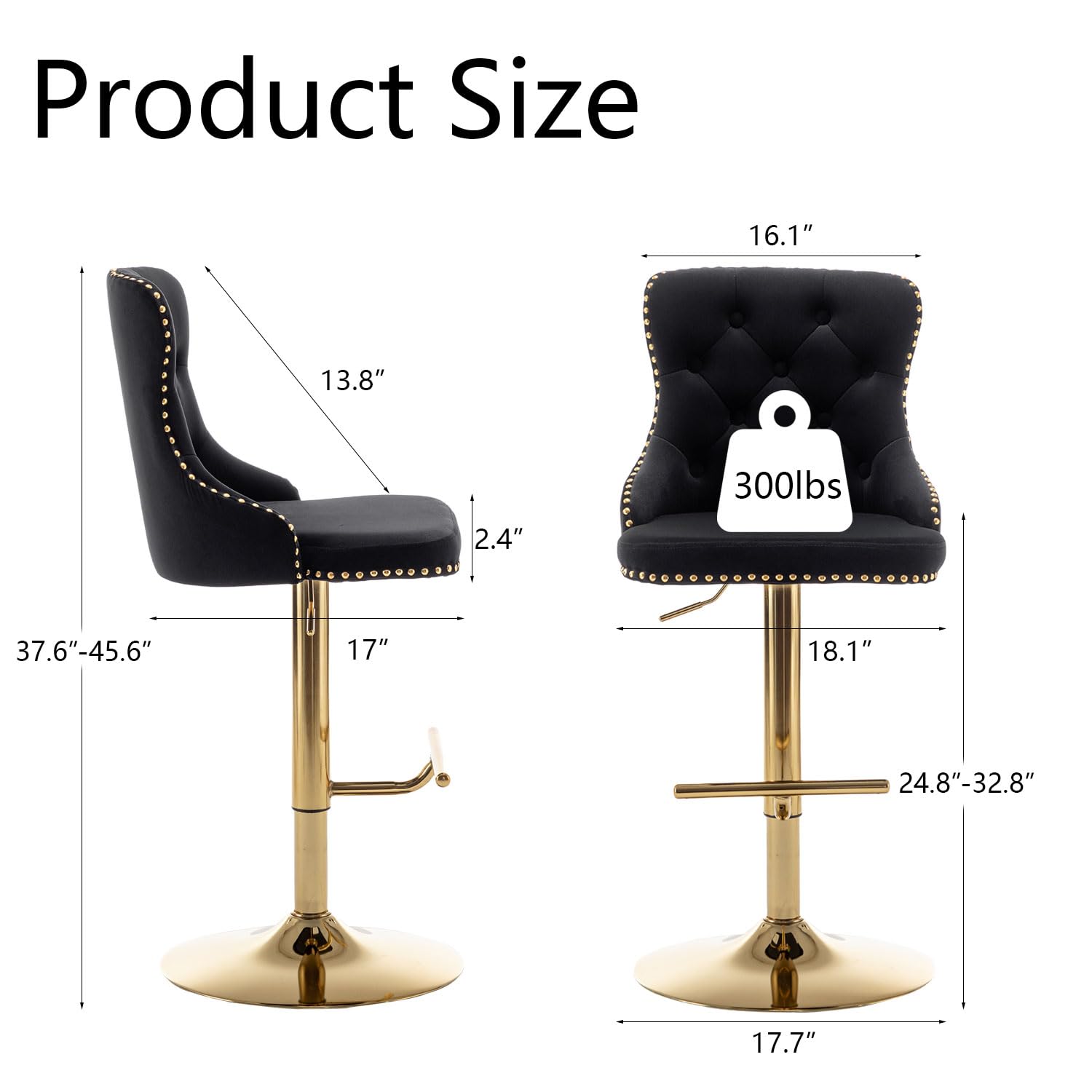 Gold Velvet Bar Stools Set of 4 - Swivel Counter Height Barstools with Nailhead Trim & Button Tufting - Adjustable Stools for Kitchen Island, Pub, Club - Perfect for Home Bar, Dining Room & Entertainment Areas (Black)