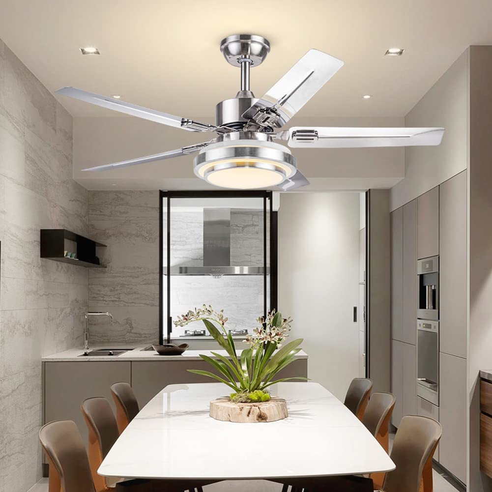 42 Inch Brushed Nickel Ceiling Fan with 5 Stainless Steel Blades, Dimmable LED Light & Remote Control - Ultra Quiet Reversible Motor for Bedroom, Dining Room & Living Room Cooling