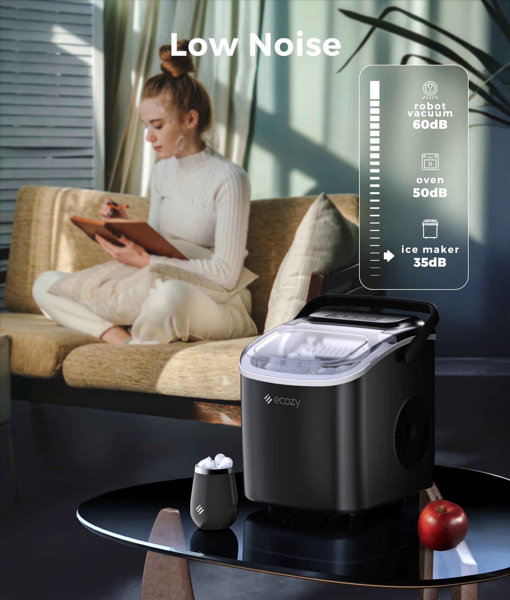 Ecozy Portable Ice Maker Machine for Countertop - 9 Cubes in 6 Minutes, 26 lbs Daily Output, Self-Cleaning with 2 Ice Sizes - Perfect for Home Kitchen, Office, RV, Camping & Parties (Includes Cup, Black)