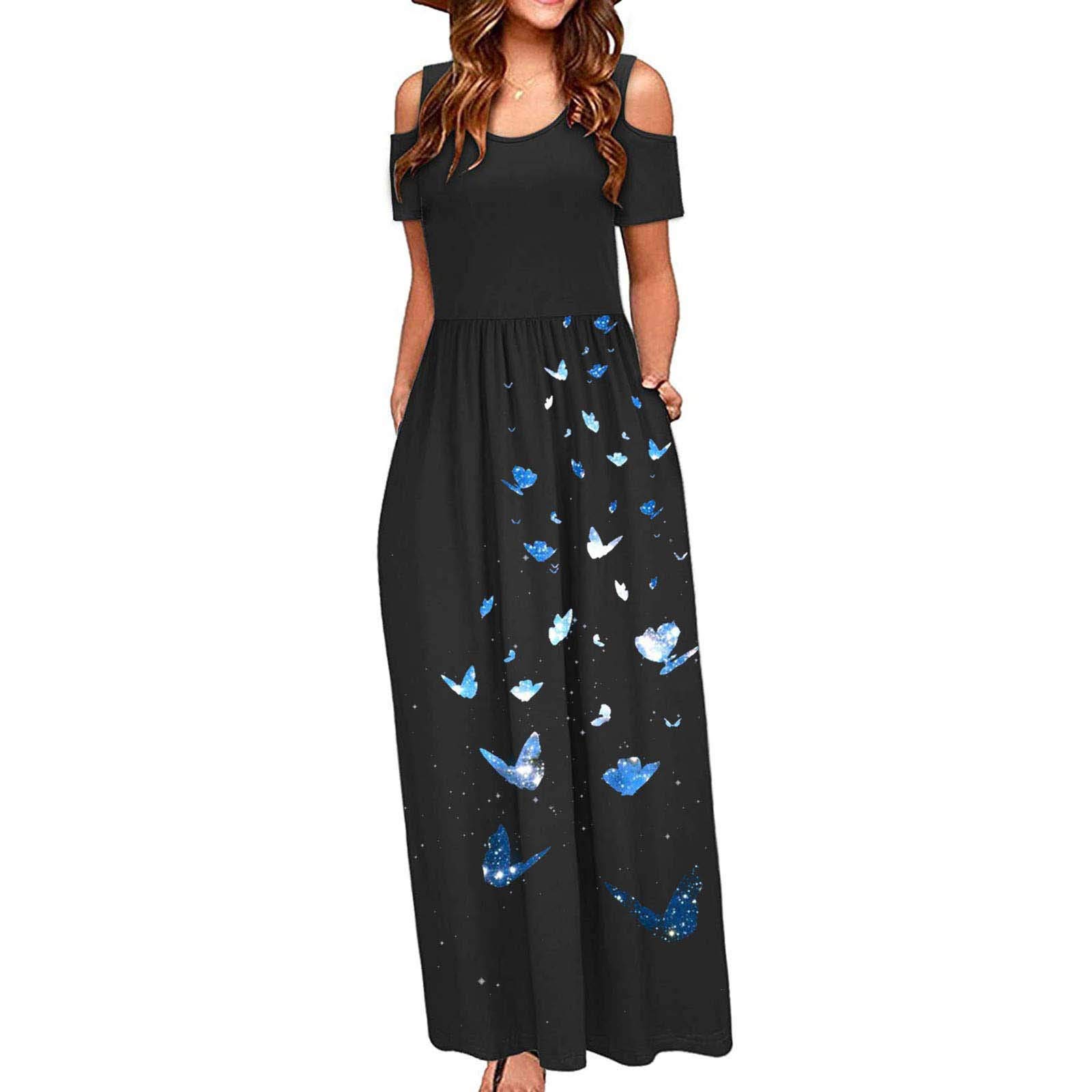 Women's Summer Cold Shoulder Floral Dress - Casual Short Sleeve Boho Print Patchwork Maxi Dress for Beach, Party & Vacation | Elegant Long Dress for Outdoor Events, Date Night & Summer Getaways