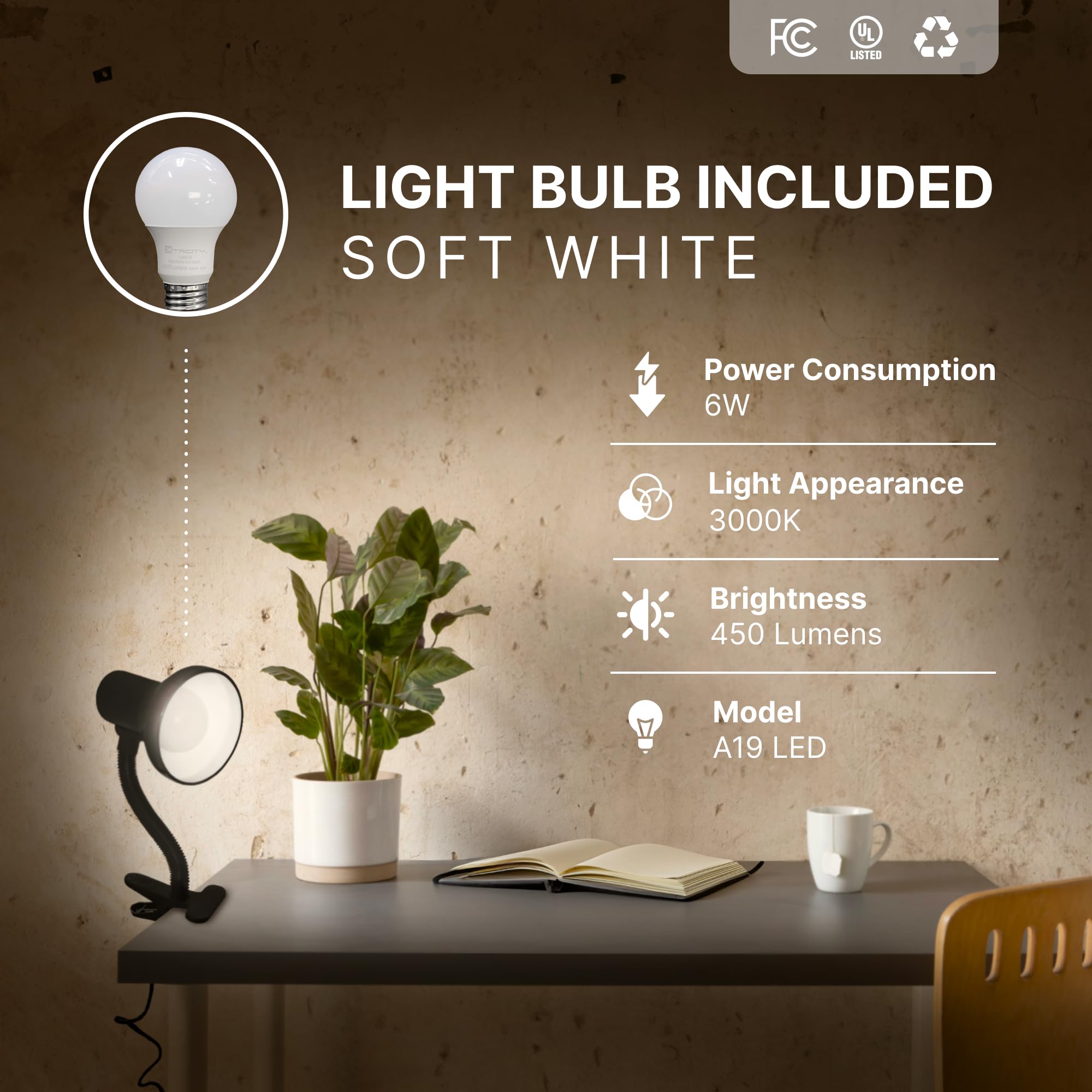 Xtricity 2-Pack LED Clip On Desk Lamp with 360° Adjustable Gooseneck - 6W A19 Bulb Included, 120V, On/Off Switch, 10.25