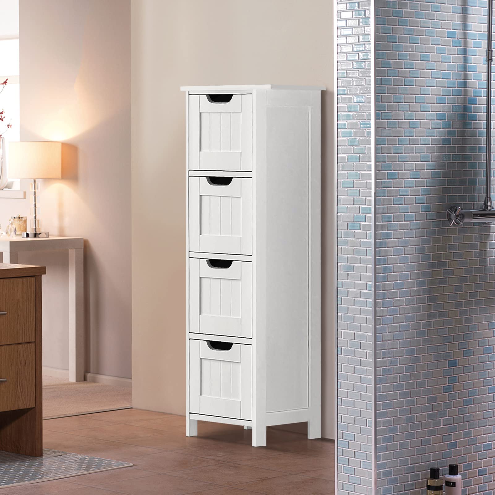 White Bathroom Floor Cabinet with 4 Drawers - Wooden Storage Organizer for Bathroom, Living Room, Bedroom & Hallway - Perfect for Small Space Organization & Home Decor