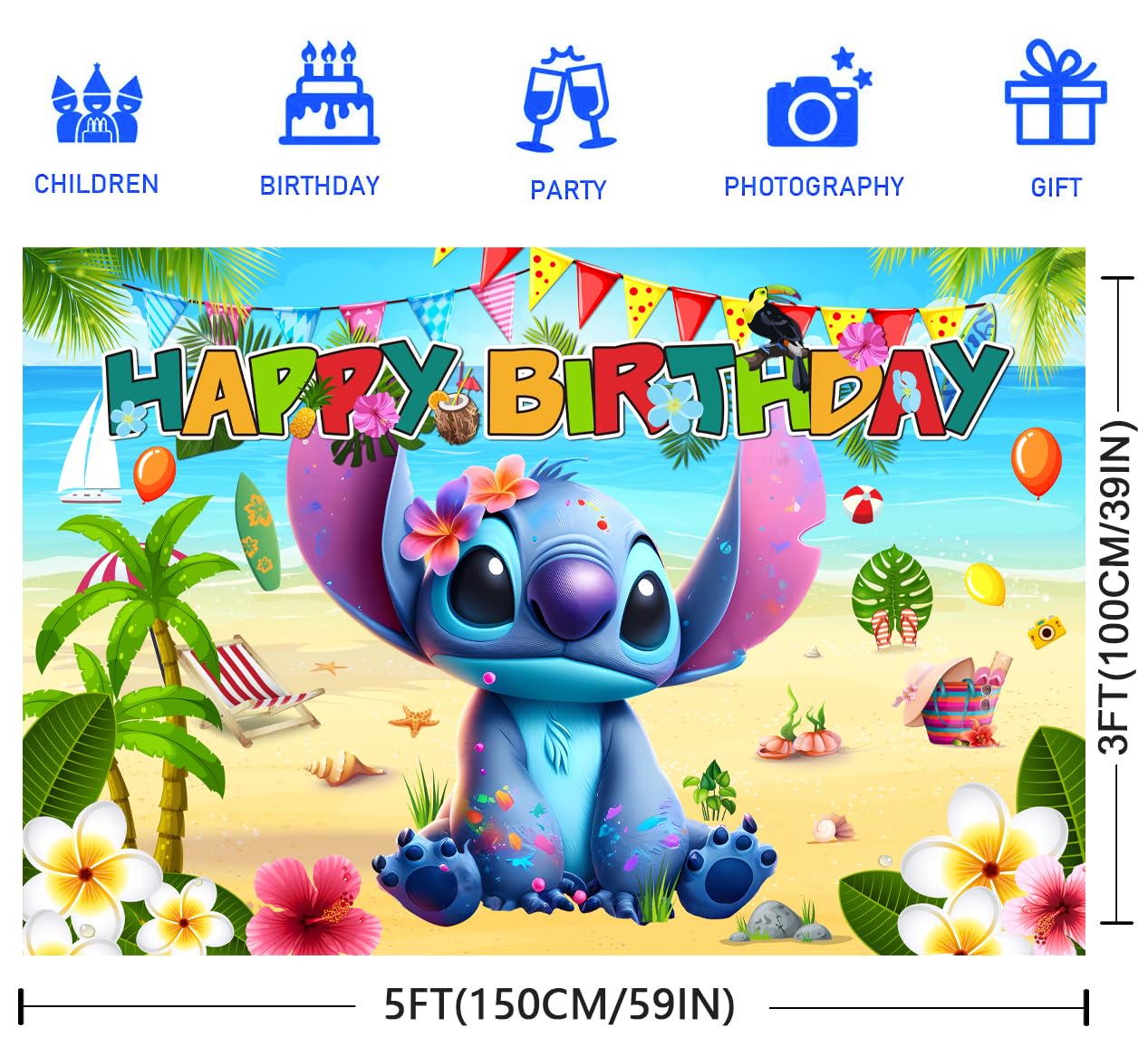 5x3ft Happy Birthday Backdrop - Tropical Hawaiian Beach Theme Party Decorations for Birthday, Luau, Summer & Poolside Celebrations | Titenmaoyi Premium Photo Background