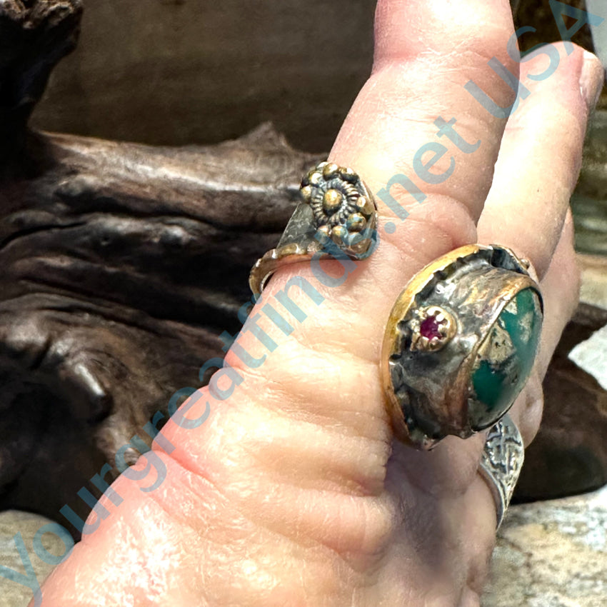 Handmade Vintage Sterling Silver & Brass Ring with Turquoise and Ruby Gemstones – Perfect for Boho, Hippie, and Festival Jewelry Lovers