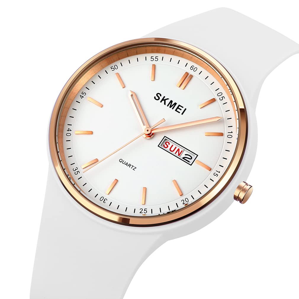 SKMEI Women's Sports Watch - Large Face, Waterproof, Silicone Band, Analog Quartz with Day & Date - Perfect for Running, Gym & Casual Wear - Ideal Gift for Girls & Young Women (White)