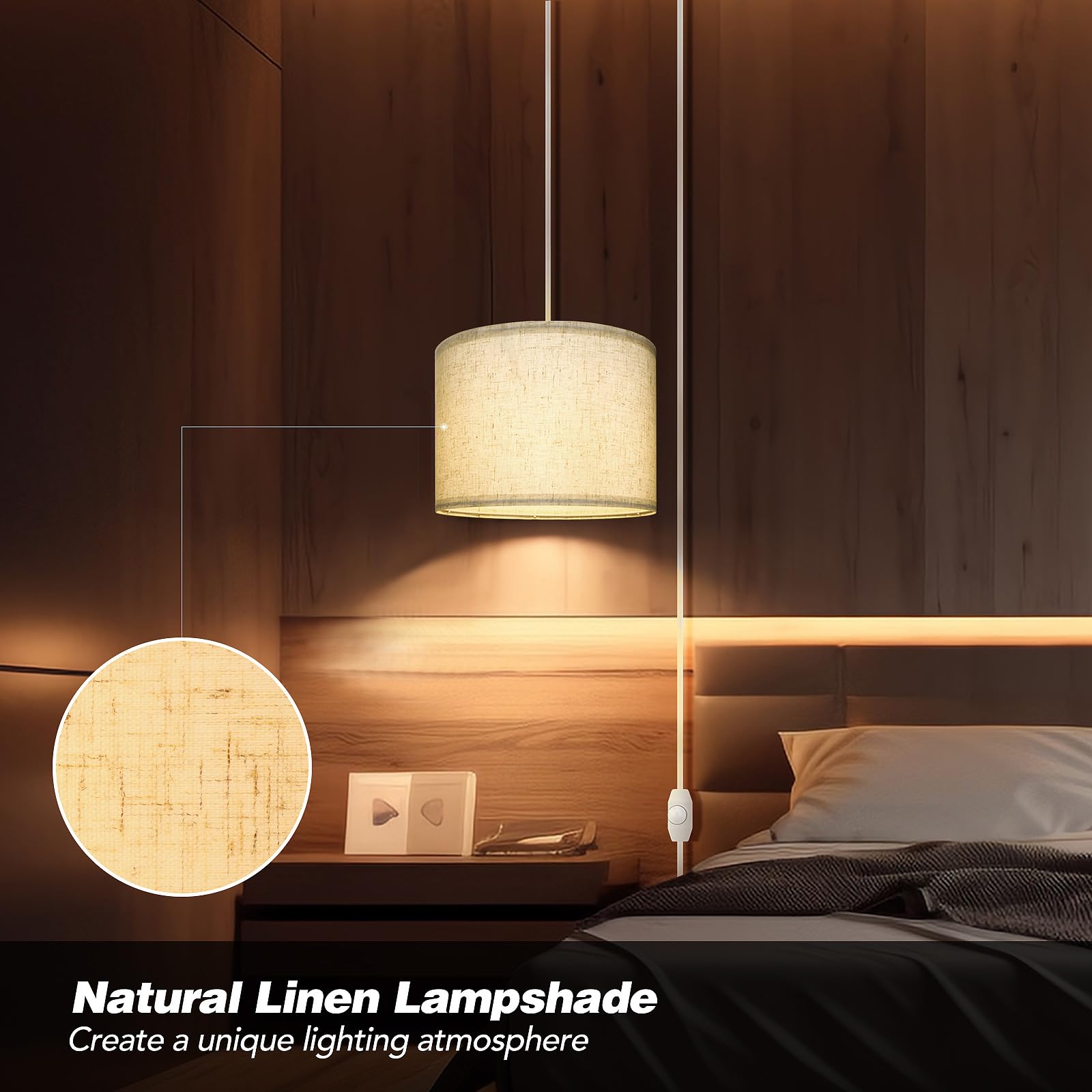 Dimmable Plug-in Pendant Light with 15 FT Cord & Fabric Shade - Modern Hanging Lamp for Living Room, Bedroom, Dining Room & Kitchen | Perfect for Ambient Lighting, Home Decor & Cozy Spaces