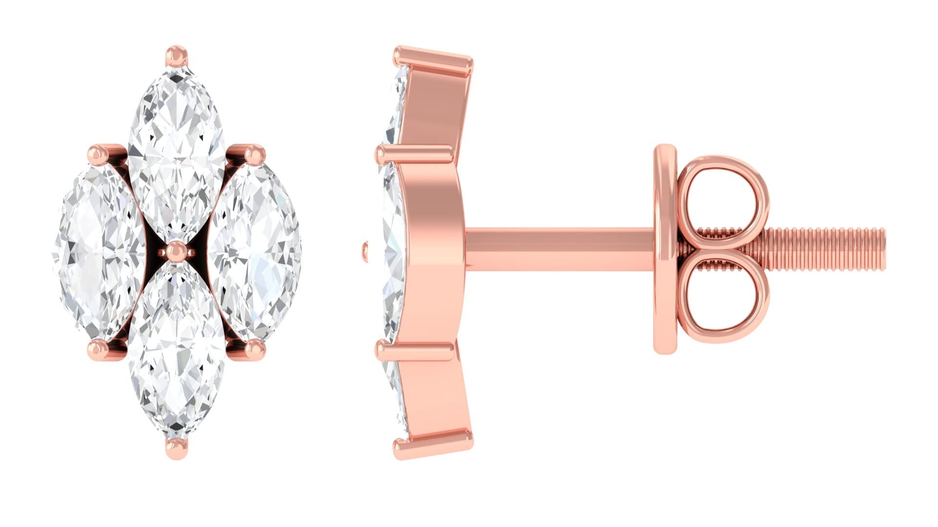 14K Solid Gold Marquise Cut Diamond Stud Earrings for Women - April Birthstone, Genuine Diamond Jewelry for Everyday Wear & Special Occasions