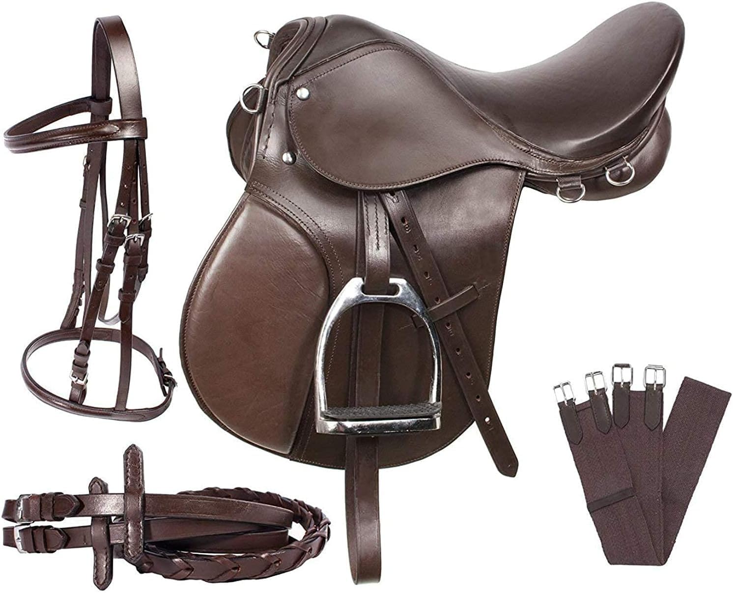 Premium English Leather Horse Riding Saddle Starter Kit - 7-Piece Brown Equestrian Combo Pack for Beginners | Perfect for Dressage, Jumping & Trail Riding