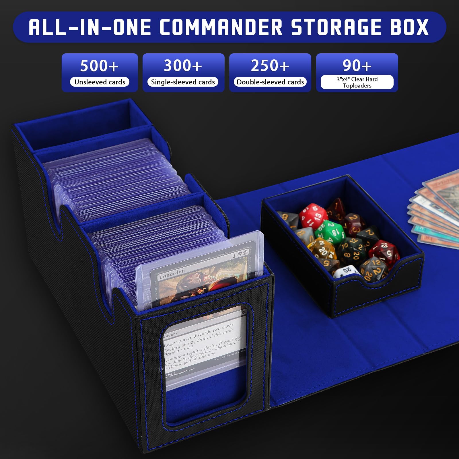 Premium MTG Deck Box for Commander - Magic the Gathering Card Storage with Dice Tray, 2 Dividers & 35PT Magnetic Holder - Holds 200+ Sleeved Cards (Black & Blue) - Perfect for MTG Tournaments, Game Nights & Card Collection Organization