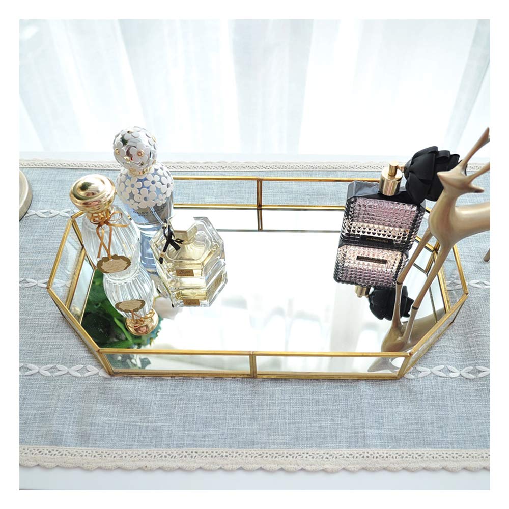 Vintage Hexagonal Glass Tray Mirror - Decorative Metal Jewelry Organizer for Vanity, Dresser, Bathroom & Bedroom | Large Size Home Decor Accessory | Perfect for Displaying Rings, Earrings & Cosmetics