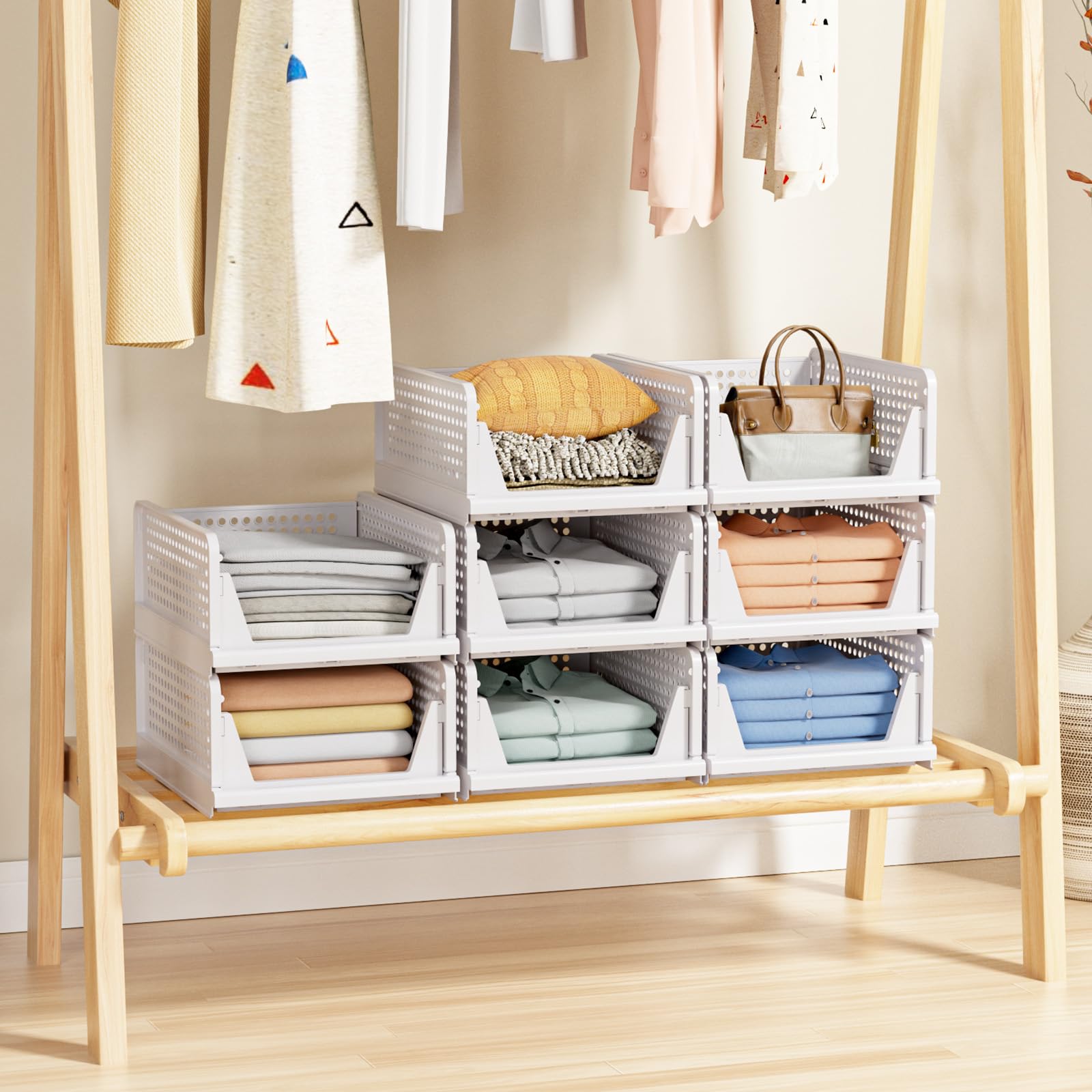 5 Pack Stackable Closet Organizer Boxes - Foldable Plastic Storage Bins & Baskets for Wardrobe, Cupboard, Kitchen, Bathroom & Office | Space-Saving Home Organization Solution for Clothes, Toys & Essentials (White)
