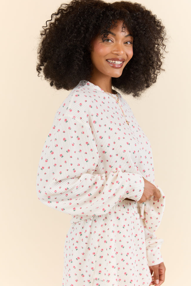 Just Focus Ivory Florette Long Sleeve Blouse for Women - Elegant Floral Print Shirt for Office, Date Night & Special Occasions
