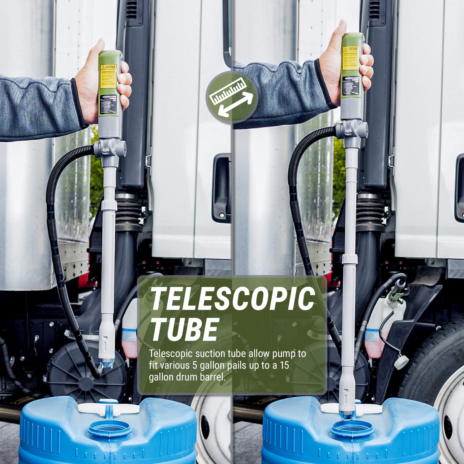 TERA PUMP 12V Rechargeable Fuel Transfer Pump - 3.1 GPM Flow Rate with Quick Flow Control Nozzle & Telescopic Tube - 5FT Discharge Hose - Portable Battery Pump for Gas, Diesel, Water - Ideal for Home, Farm, RV, Boat and Emergency Fuel Transfer