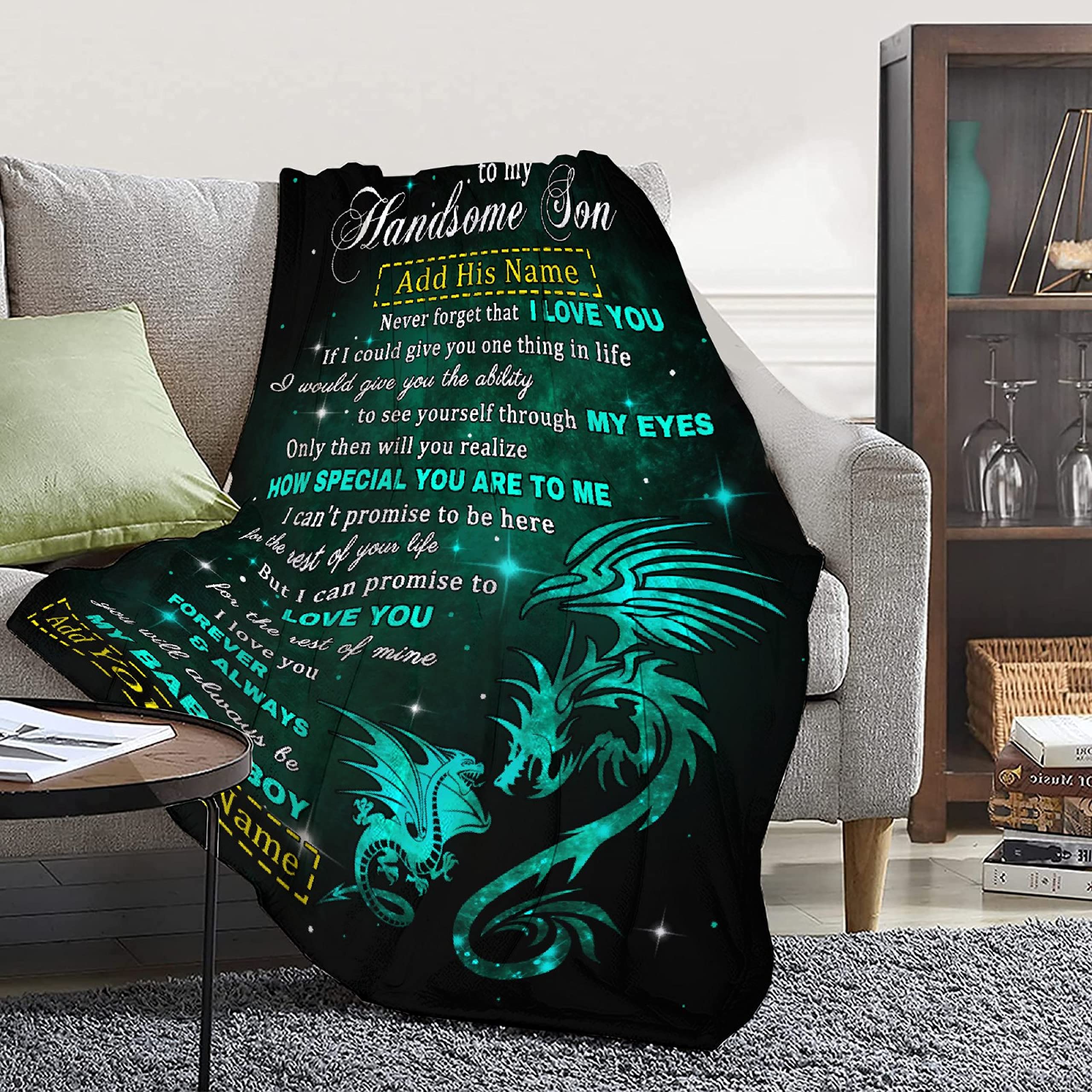 Personalized Dragon Blanket for Son - Custom Name Gift from Mom & Dad | 90x120 Inch Lightweight Flannel Throw Blanket for Boys & Men | Super Soft Comfy Blanket for Birthday, Christmas, Couch, Sofa Decor | Perfect for Snuggling, Gifting & Home Decoration