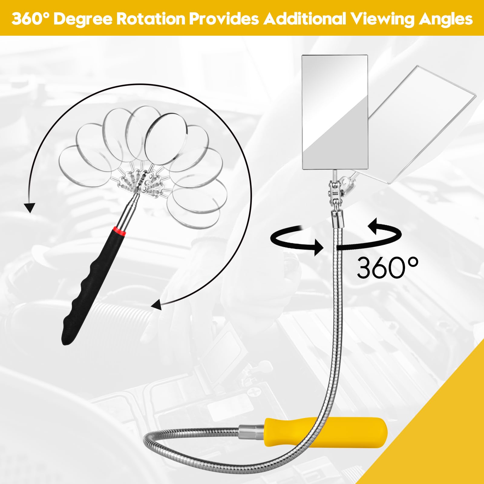 360° Rotating Telescoping Inspection Mirror - Flexible & Retractable Automotive Extension Mirror with Bendable Head for Vehicle Maintenance & Repair - Perfect Gift for Men (Use: Checking Under Cars, Inspecting Engine Parts, Home DIY Projects)