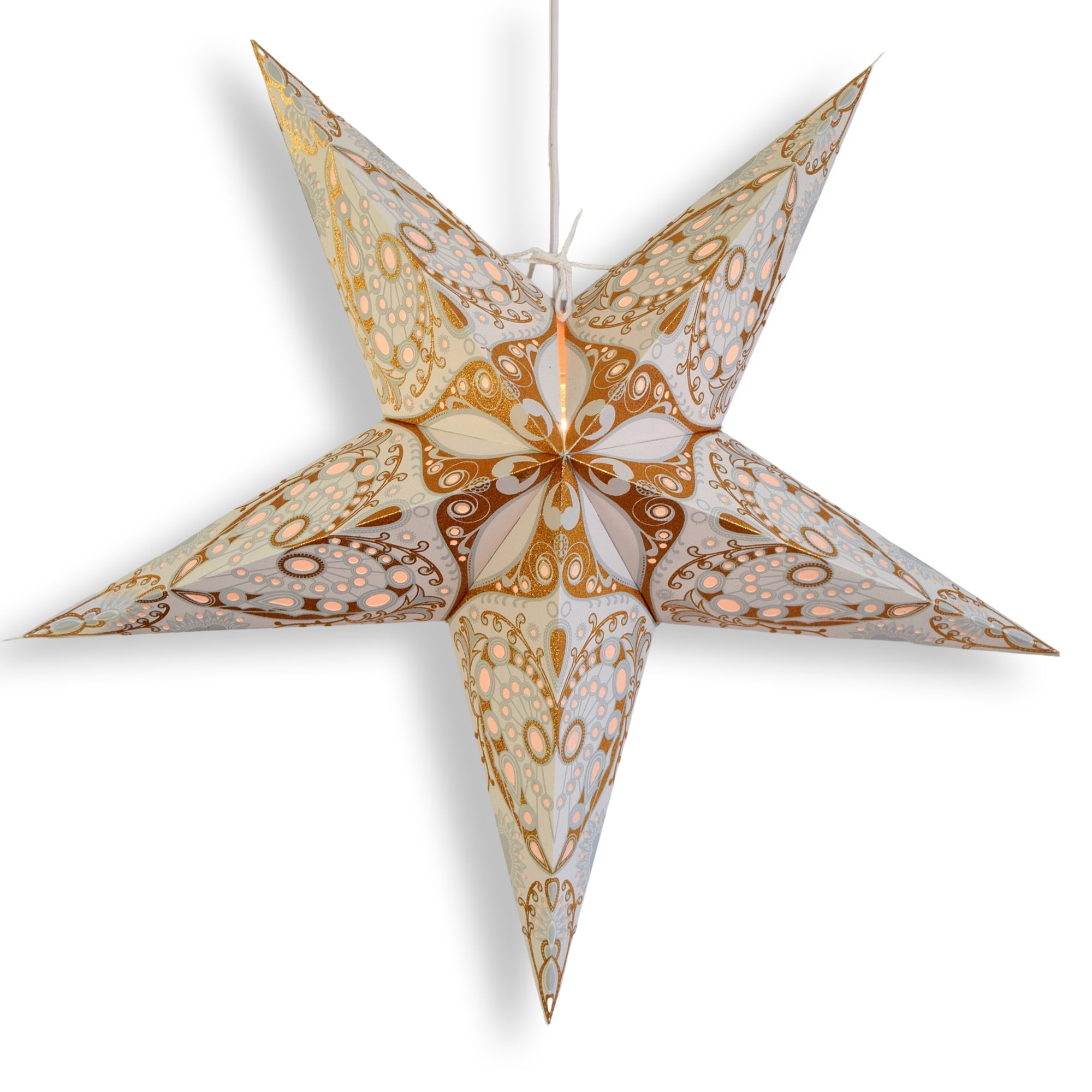 24 Inch Grey Gold Moon Burst Paper Star Lantern with Pendant Light - Decorative Hanging Light for Bedroom, Living Room, Wedding & Party Decor