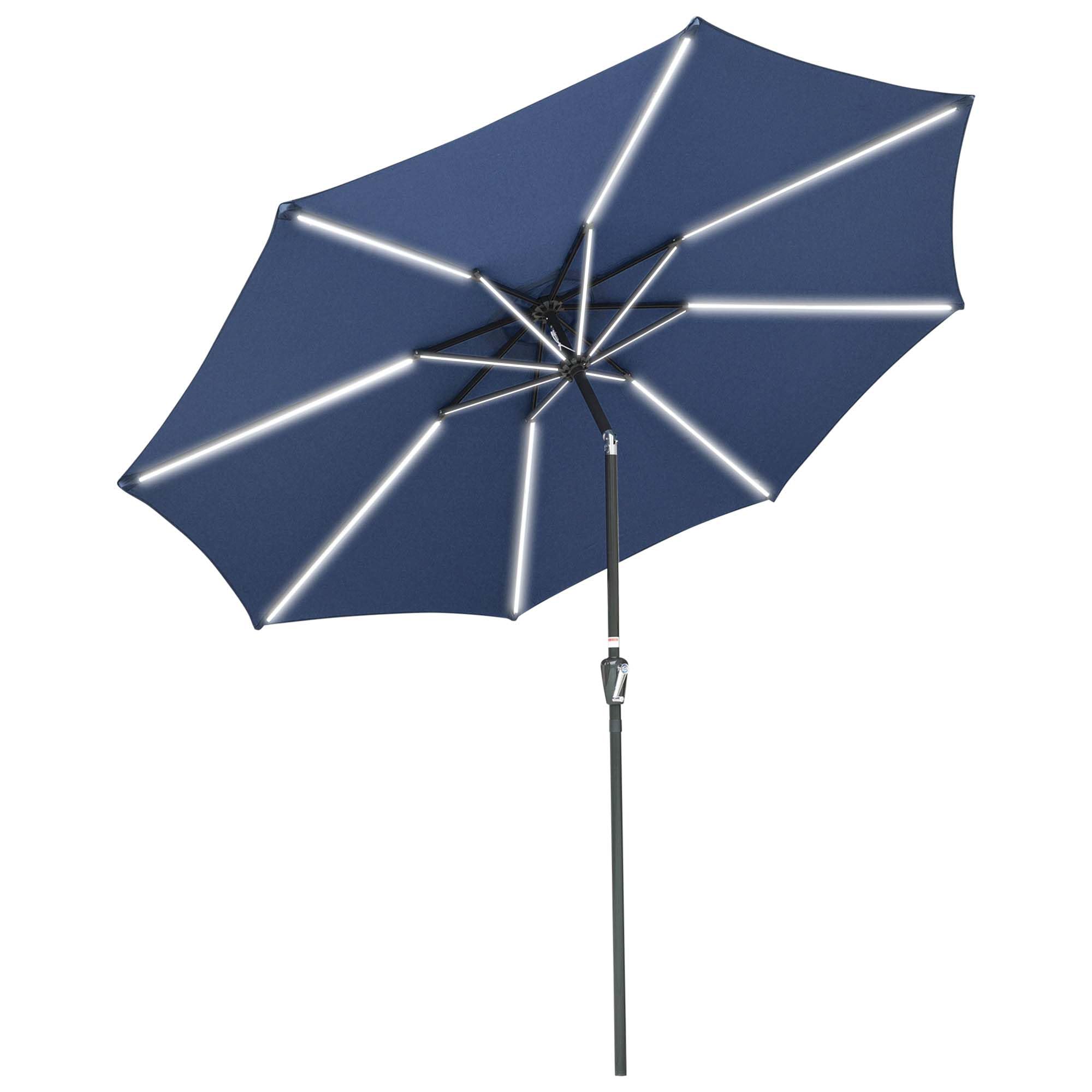 10FT Solar Powered LED Light Bar Patio Umbrella with Tilt Crank - Aluminum Market Umbrella for Backyard, Pool, Deck, Garden & Cafe - Navy Blue Outdoor Lighting for Nighttime Use