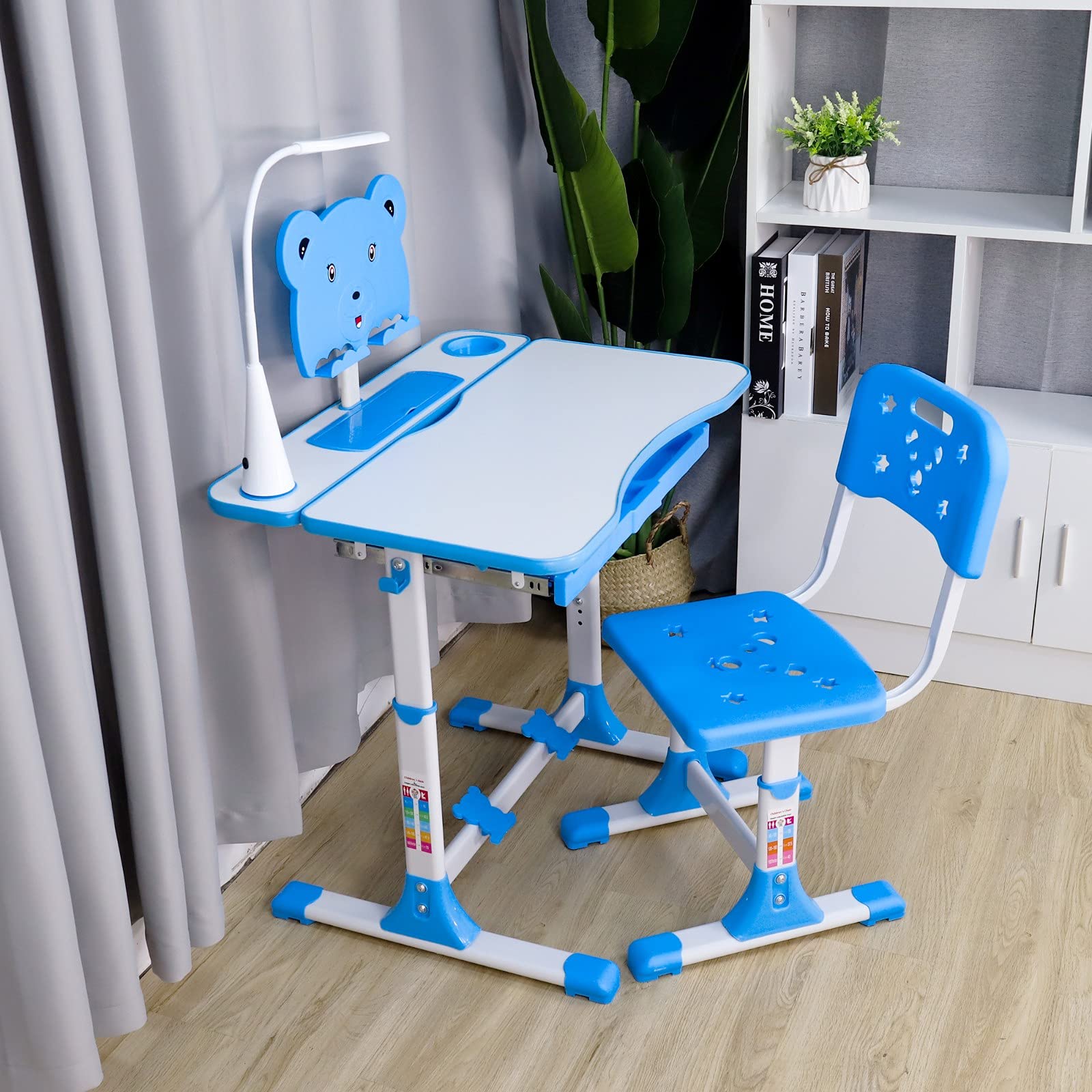 Adjustable Height Kids Study Desk and Chair Set with LED Lamp, Tilt Desktop, Pull-Out Drawer & Bookstand - Blue | Ergonomic Children's Writing Table for Homework, Online Learning & Arts & Crafts