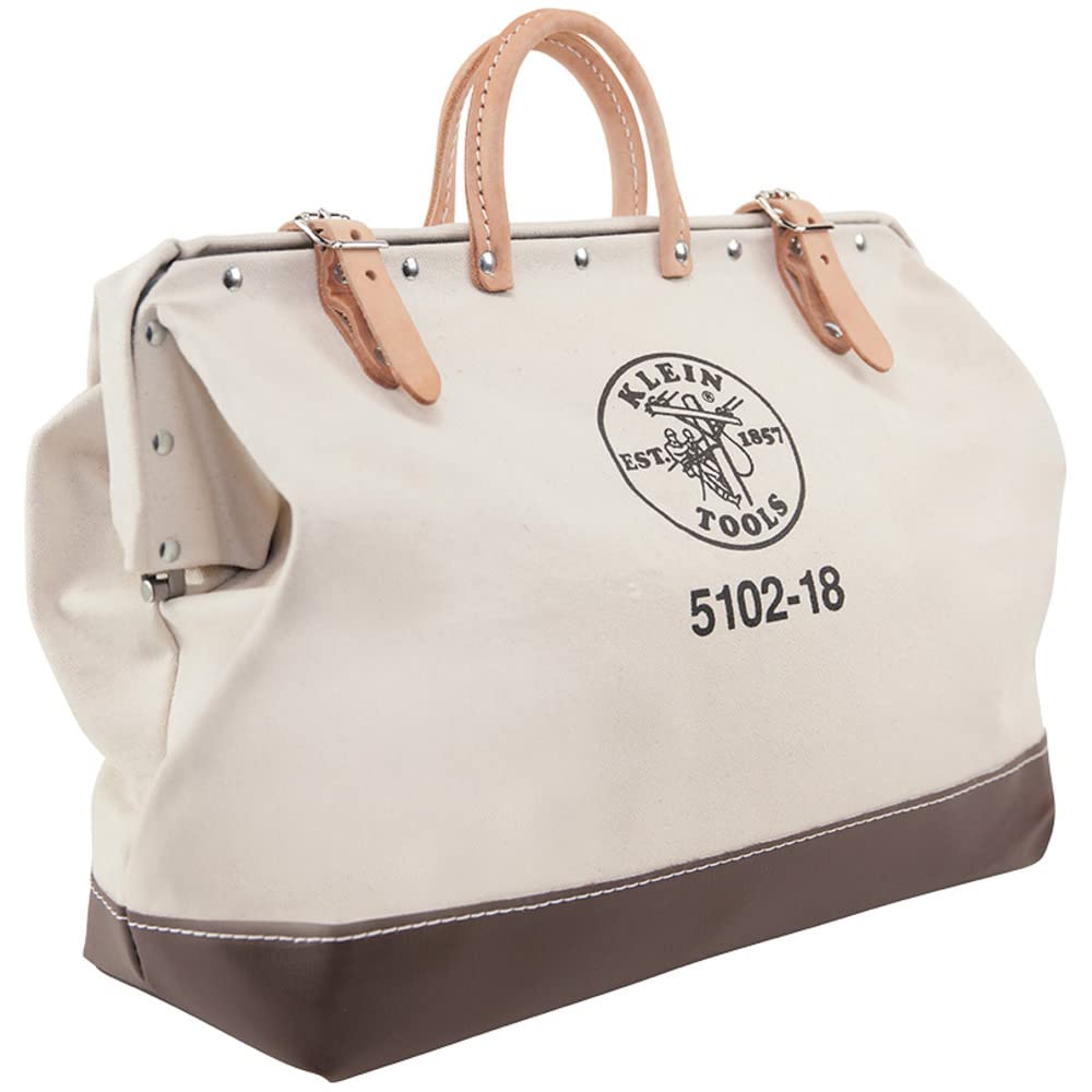 Klein Tools 5102-18 Heavy Duty Natural Canvas Tool Bag - 18-Inch Professional Tool Tote with Wide Hinged Opening & Leather Handles | Durable Multi-Purpose Work Bag for Electricians, Contractors & DIY Projects | Perfect for Construction Sites, Workshops & Home Repairs