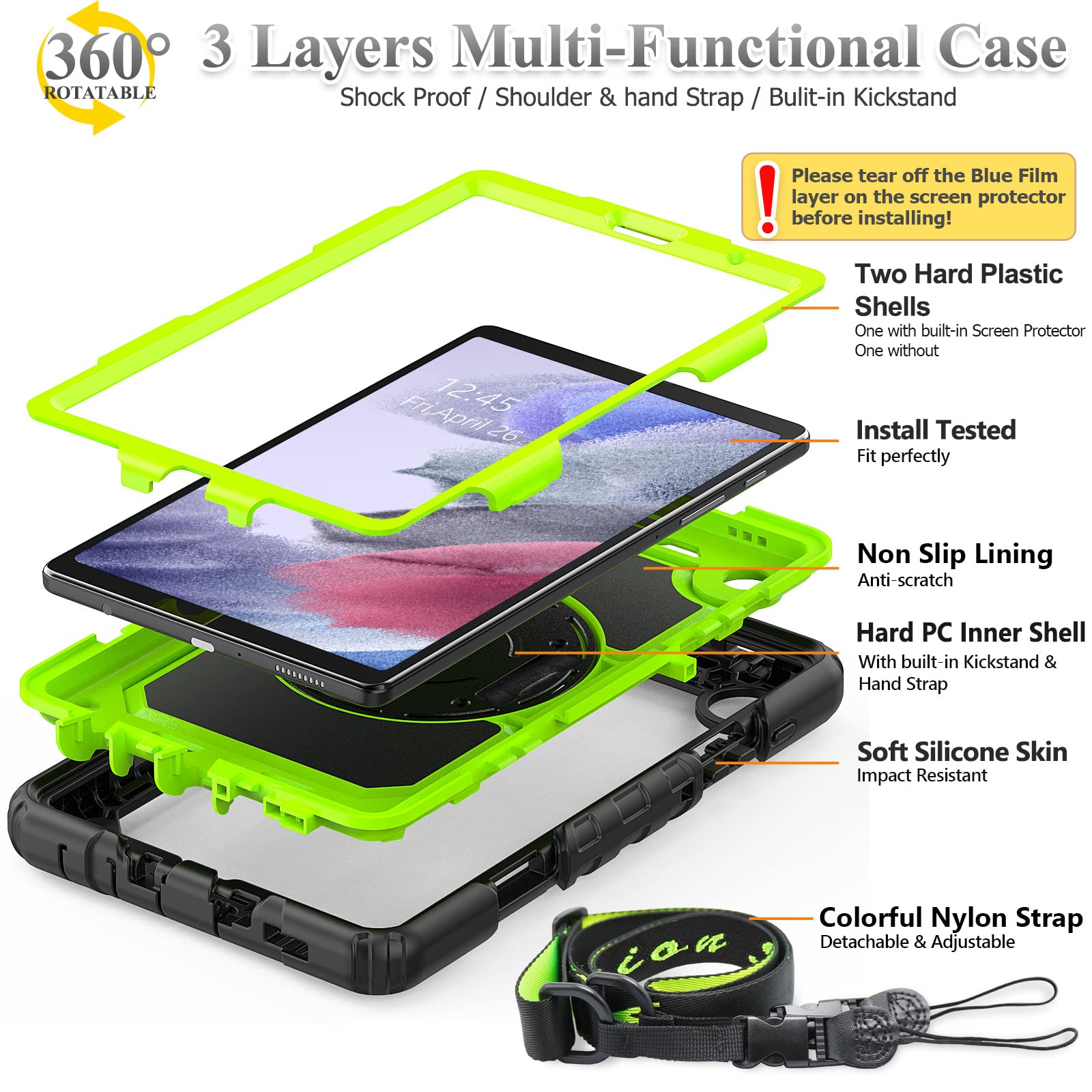 SEYMAC 360° Rotating Stand Case with Screen Protector & Pencil Holder for Samsung Galaxy Tab A7 Lite 8.7