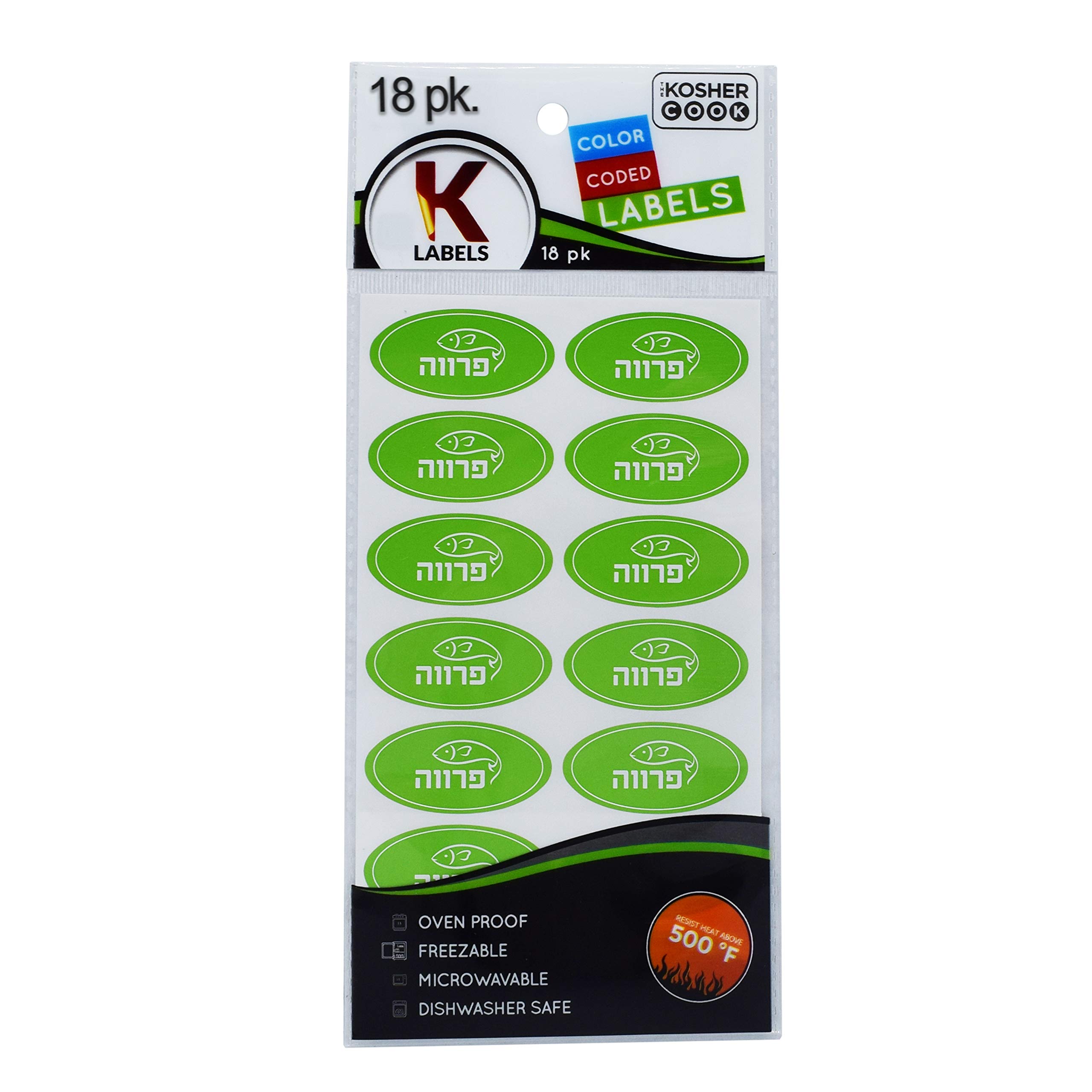 18 Parve Green Kosher Labels – Oven Safe up to 500°F, Freezer & Microwave Safe, Dishwasher Proof, Hebrew Color-Coded Kitchen Stickers by The Kosher Cook - Perfect for Meal Prep, Pantry Organization & Kosher Cooking