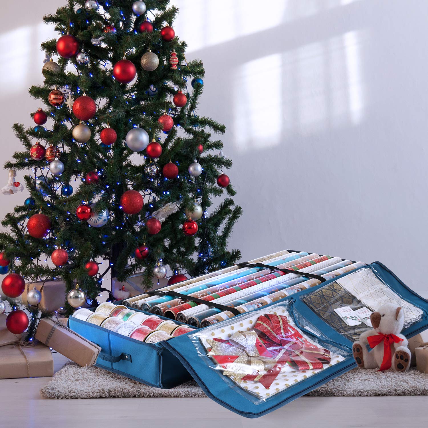 Wrapping Paper Organizer Storage Containers with Pockets - Perfect for Rolls, Ribbons & Bows - Ideal for Holiday Gift Wrapping & Craft Organization