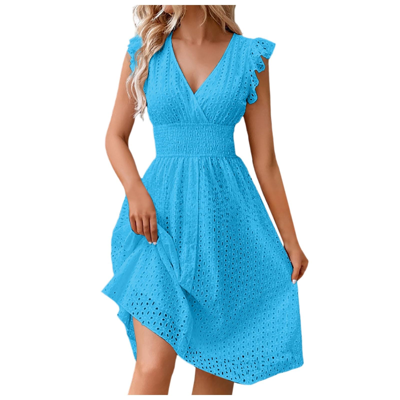 PTOLOCIF Women's 2024 Trendy Eyelet Summer Wedding Guest Dress - V-Neck Ruffled Sleeve A-Line Boho Party Dress for Beach Weddings, Garden Parties & Cocktail Events