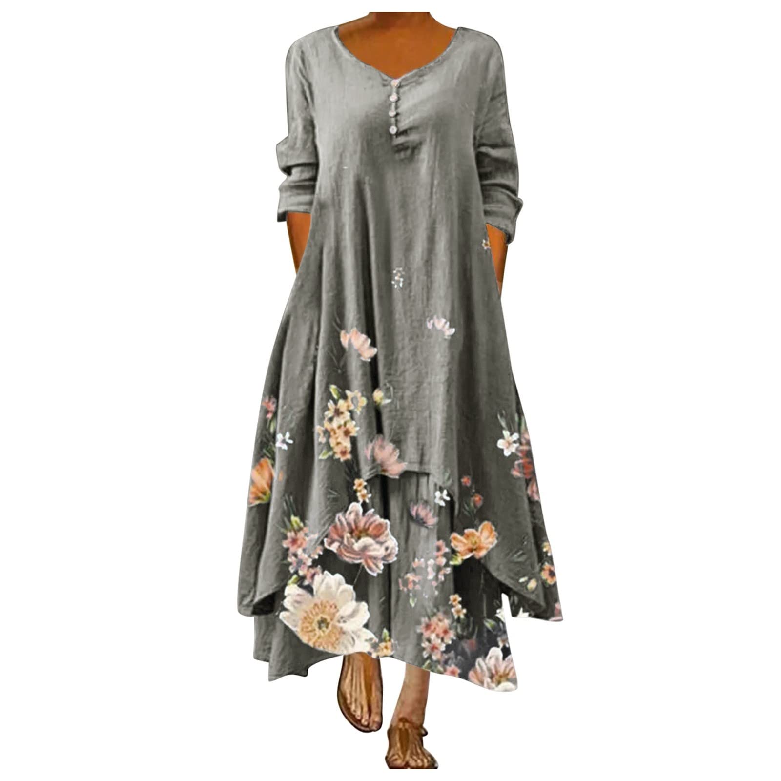 Floral Print V-Neck Long Sleeve Casual Dress for Women - Loose Fit Irregular Hem Black & Gold Plus Size 5X - Perfect for Parties, Weddings & Everyday Wear