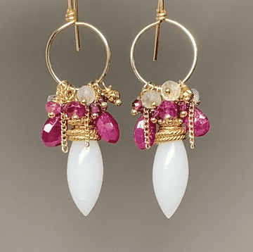 14K Gold Filled Ruby Hoop Earrings with White Aventurine Gemstone - Elegant Dangle Earrings for Women, Perfect for Weddings, Parties & Everyday Wear