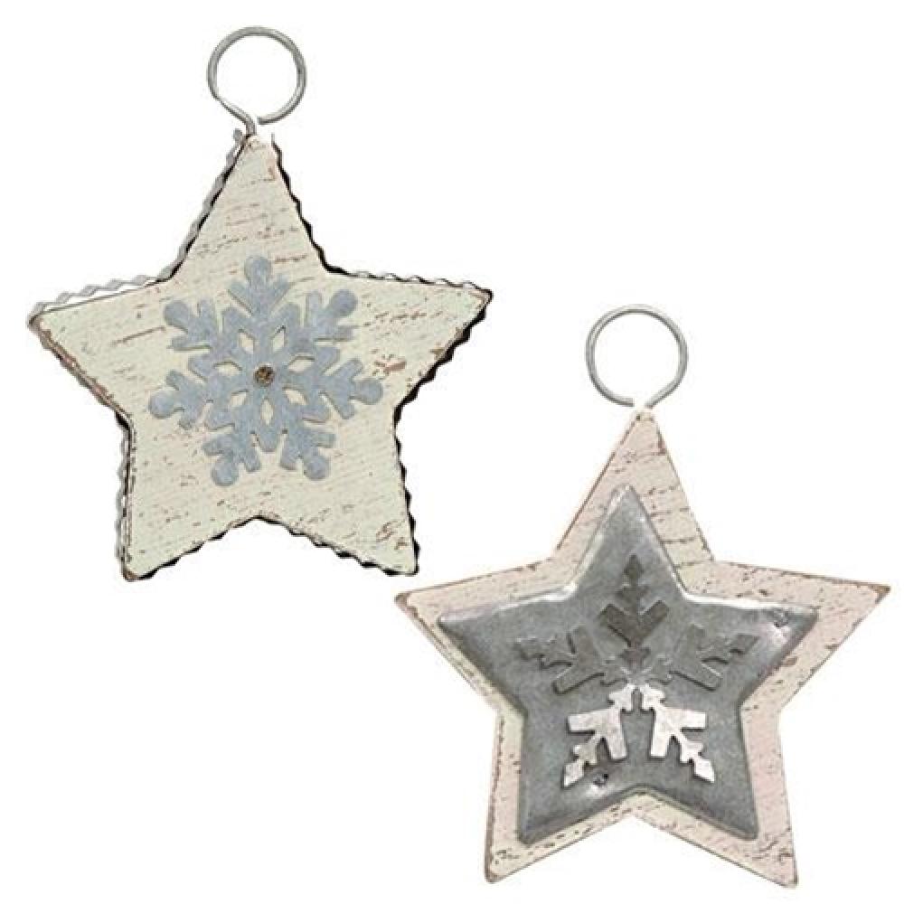 Galvanized Metal Star Ornaments - Set of 2 Rustic Farmhouse Decor for Christmas Tree, Wall Hanging, and Outdoor Holiday Decorations