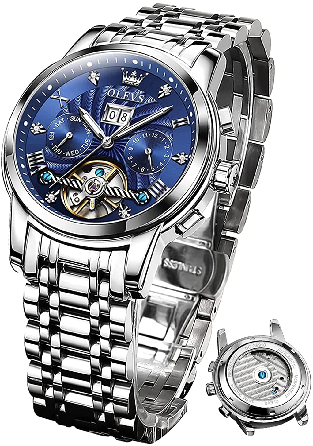 OLEVS Men's Automatic Skeleton Watch - Self Winding Mechanical Dress Watch with Luminous Hands, Waterproof, Diamond Accents, Day & Date Display - Perfect for Business, Formal Occasions & Everyday Wear