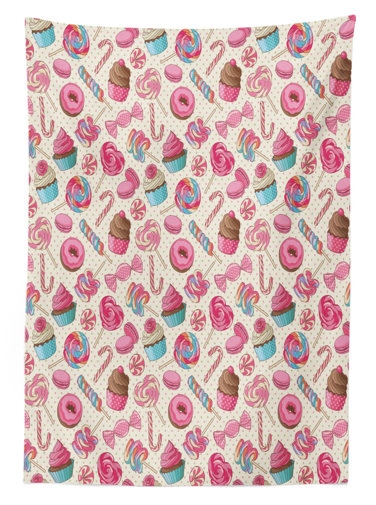Ambesonne Candy Cane Tablecloth - Yummy Lollipop, Candy, Macaroon, Cupcake & Donut Polka Dot Pattern Rectangular Table Cover 60x84 Inch - Perfect for Christmas Dining Room Decor, Kitchen Table Setting & Holiday Party Decorations