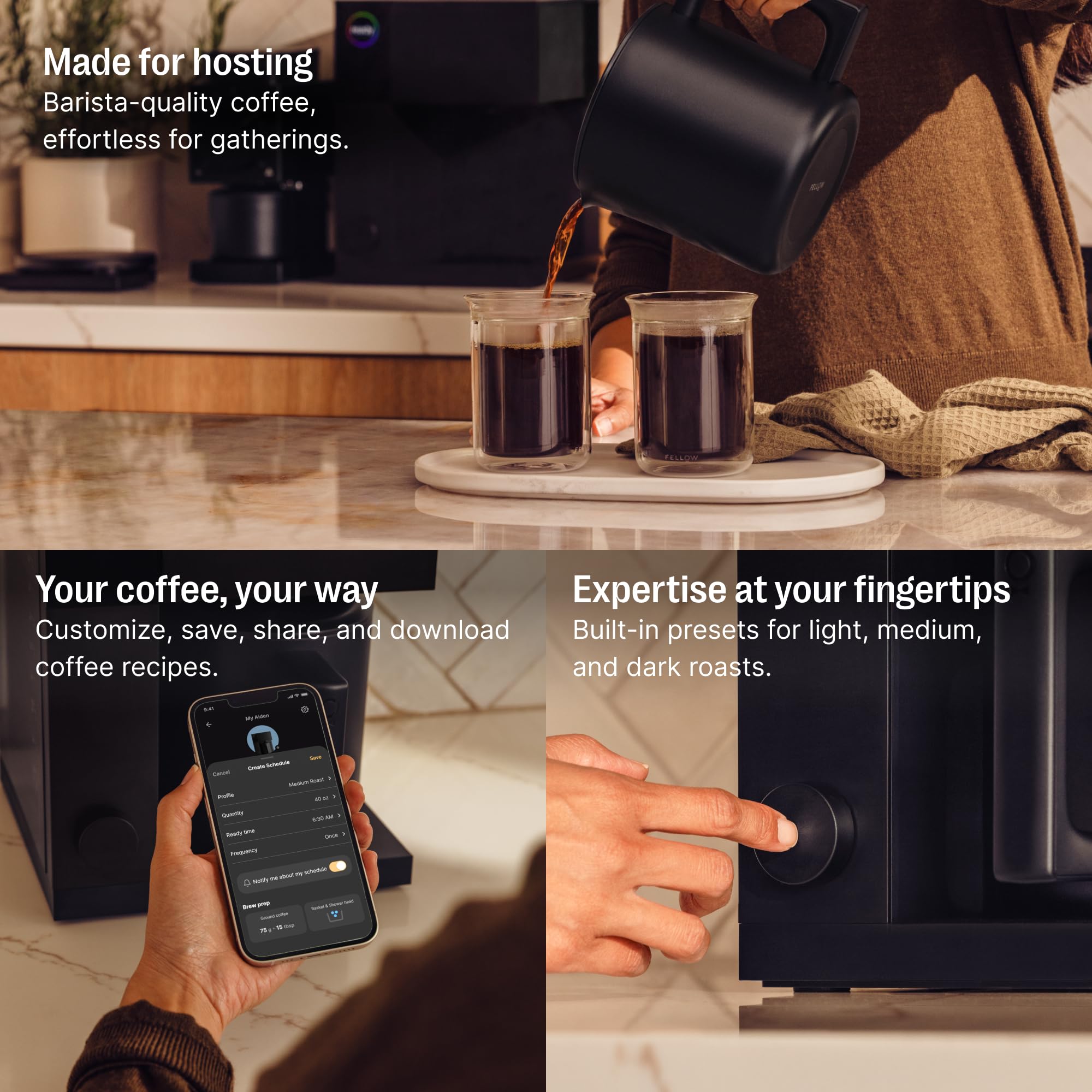 Fellow Aiden Precision Coffee Maker - 10-Cup Drip Coffee Machine with Built-In Brewing Guidance, Smart Scheduling & App Control, Removable Water Tank, Matte Black - Perfect for Home, Office & Specialty Coffee Shops