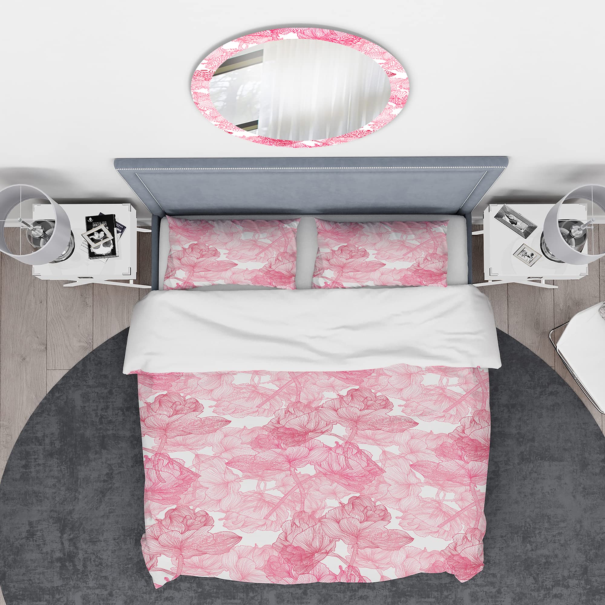 Hand Drawn Floral Duvet Cover Set King - Red Flowers Cabin Bedding for All Seasons