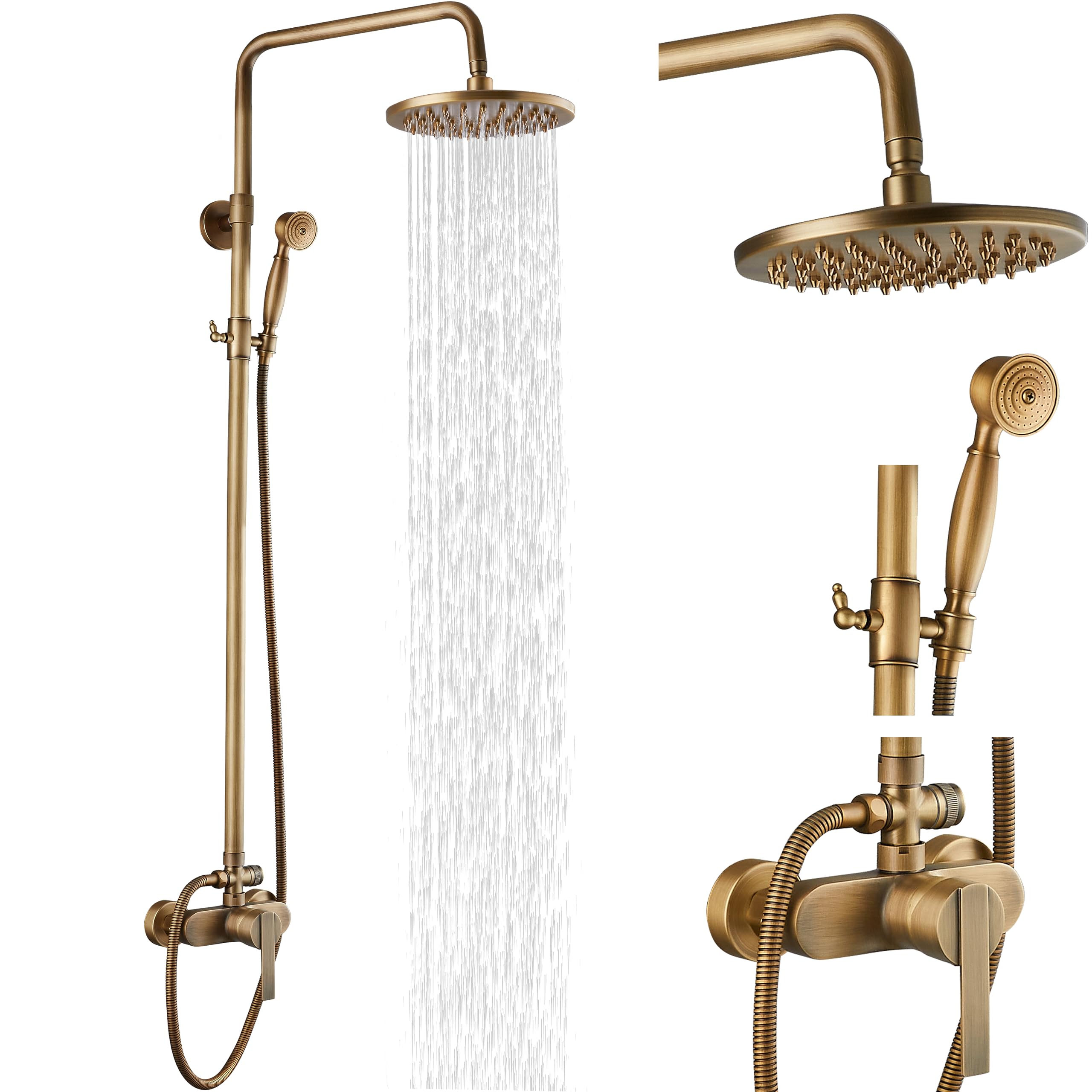 Antique Brass Exposed Pipe Shower System - 8 Inch Rainfall Shower Head & Adjustable Shower Faucet Set - Modern Dual Function Single Handle Shower Fixture for Bathroom & Spa - Perfect for Home Renovation & Luxury Bath Experience