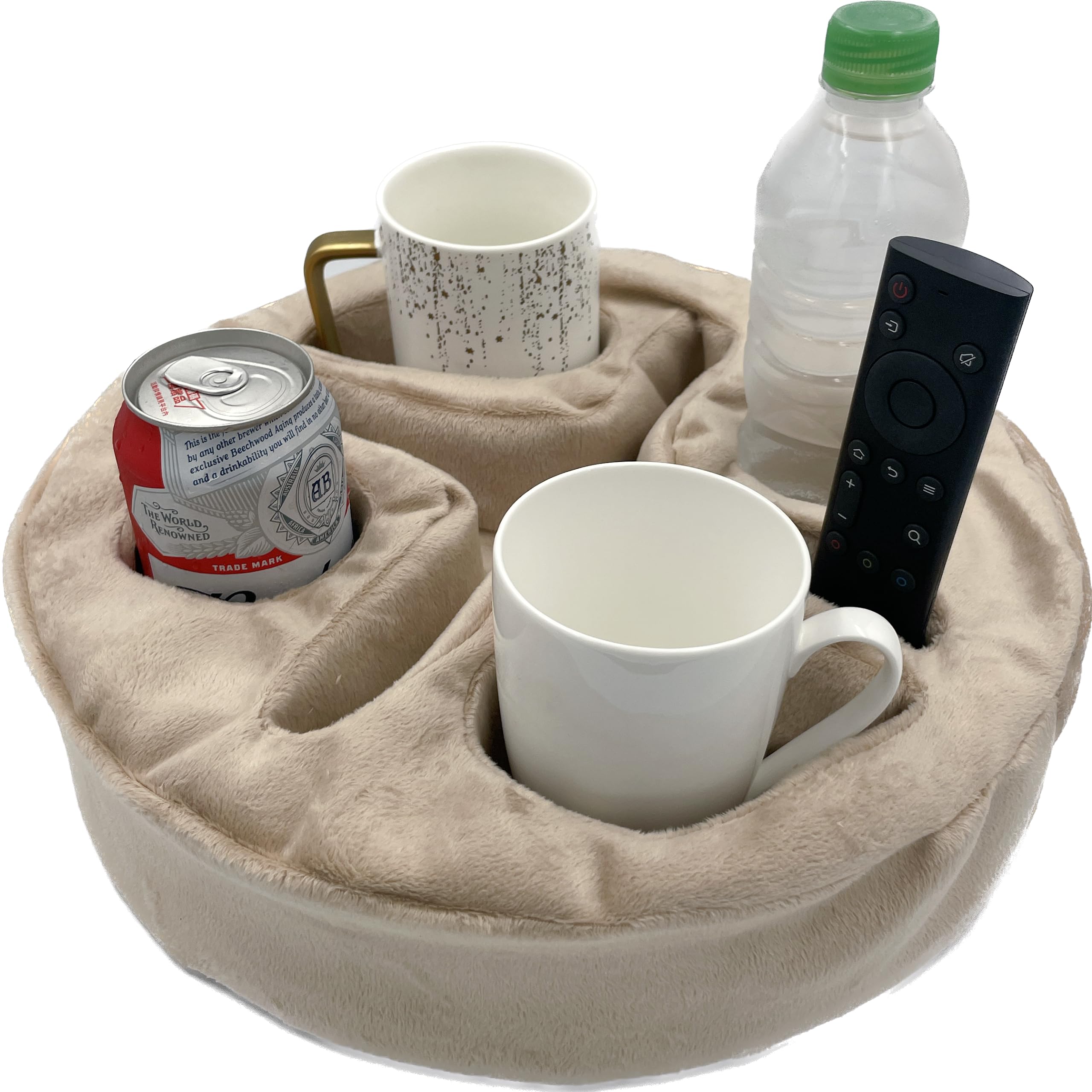 Universal Couch & Bed Cup Holder Pillow - Multi-Functional Sofa Organizer Caddy for Drinks, Phone, Remote & Snacks (Beige) | Perfect for Movie Nights, Gaming & Relaxing in Bed